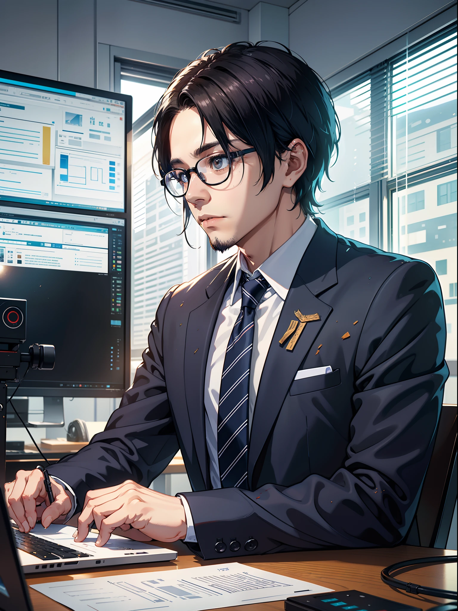 Face in the center of the screen,35 year old man sitting in front of computer, lab room,thesis,Lightning is falling on glasses,Paper splattered in the background,Just live, computers,Realistic Men,Wearing a suit,​masterpiece、​masterpiece、top-quality、top-quality、realisitic、Unity、8k wallpaper、Official art、Highly detailed CG Unity 8k wallpaper、(Original: 1.2)、(realisitic: 1.4)、ultra-detailliert、hight resolution、ultra-detailliert