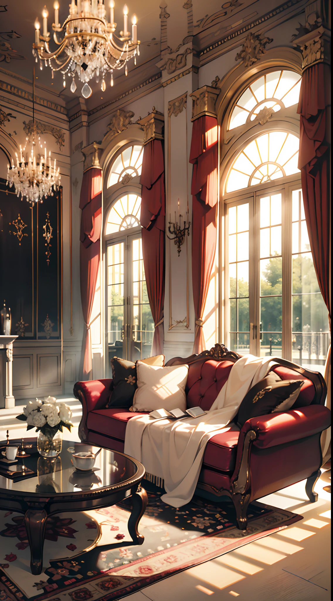 Photography, sofe, Tea table, ( Living room), Curtains, hanging lamp, decorations, carpets, fireplace,white,Versailles