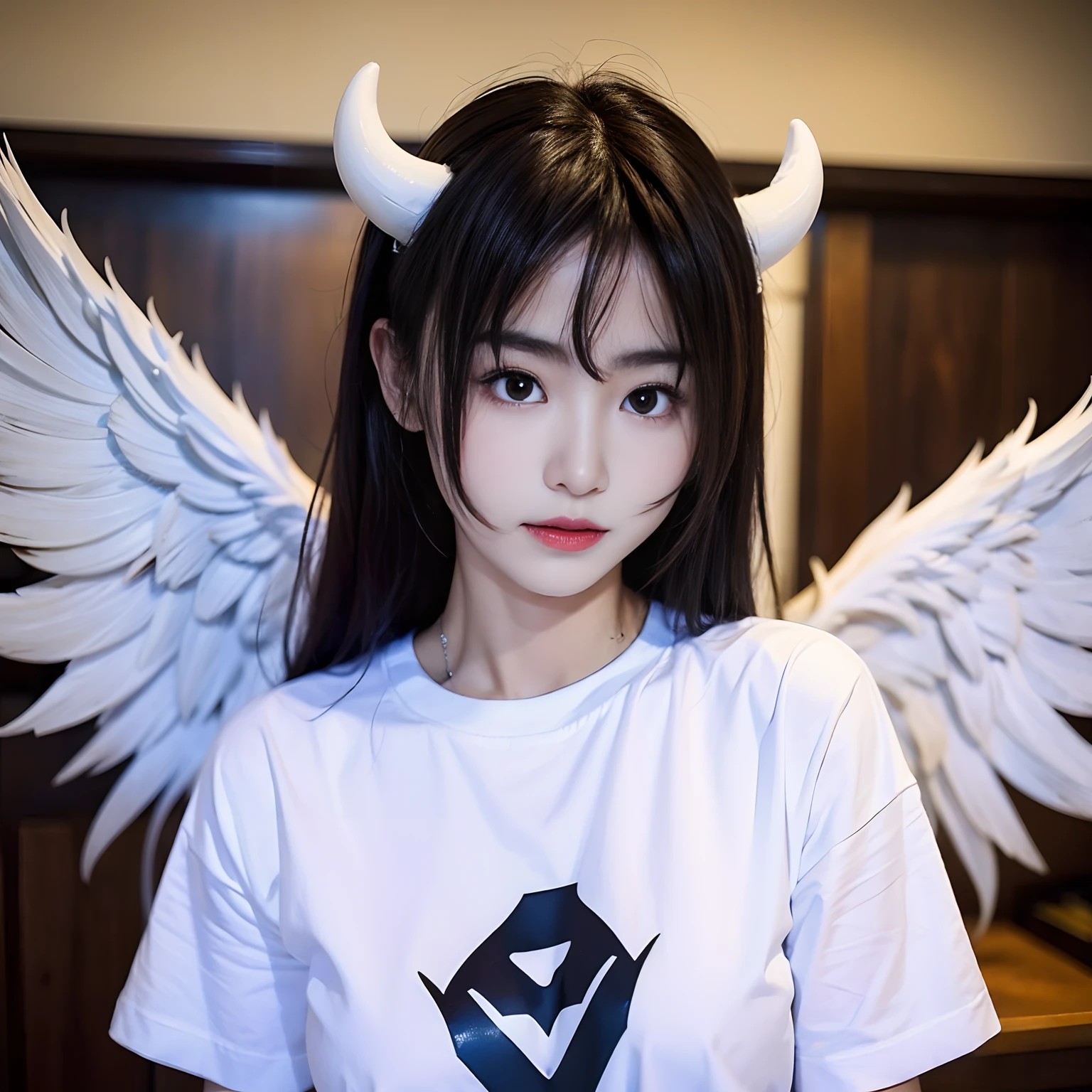 1 girl, white t shirt, wings, black wings, angel, halo, demon horns