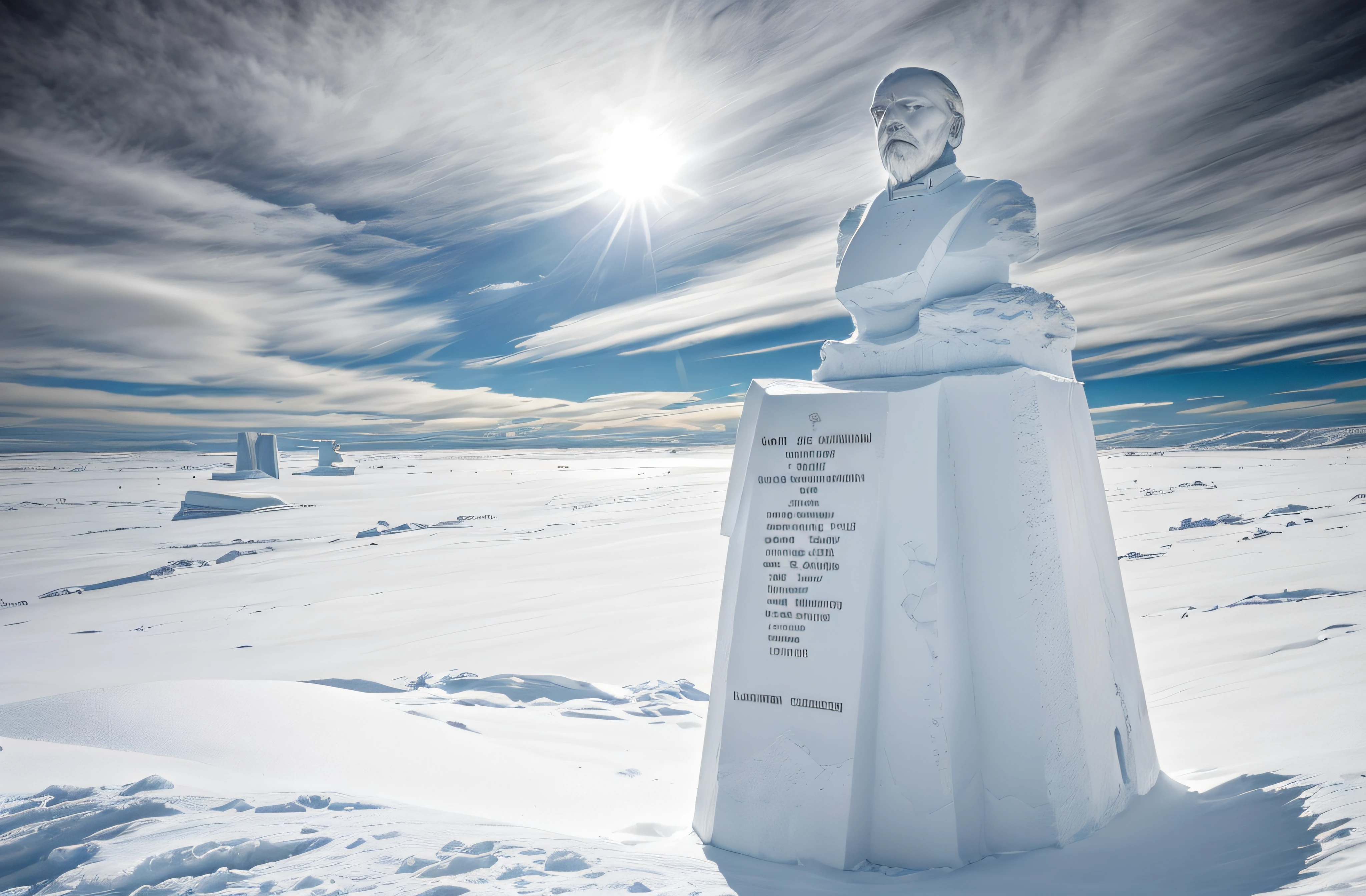 statue of lenin at the south pole of inaccessibility,bronze sculpture,standing tall,frozen landscape,winter snow,Wind swirling around,remoteness,inhospitable,the monument of solitude,isolated location,unforgiving climate,massive statue,monumental presence,ominous aura,majestic,imposing,soviet symbolism,crisp blue sky,subtle lighting,icy windswept surrounds,frigid temperature,detail-captured sculpture,subtle patina on the bronze,sharp angles in the design,facial features crisply defined,contrasting shadows and highlights,grandeur and melancholy blend,contrasts of warmth and coldness,breathtaking sight,monolithic structure,indomitable spirit,living history,remnants of a bygone era,legacy of the past. (best quality,4k,8k,highres,masterpiece:1.2),ultra-detailed,(realistic,photorealistic,photo-realistic:1.37),HDR,UHD,studio lighting,ultra-fine painting,sharp focus,physically-based rendering,extreme detail description,professional,vivid colors,bokeh,portraits,landscape