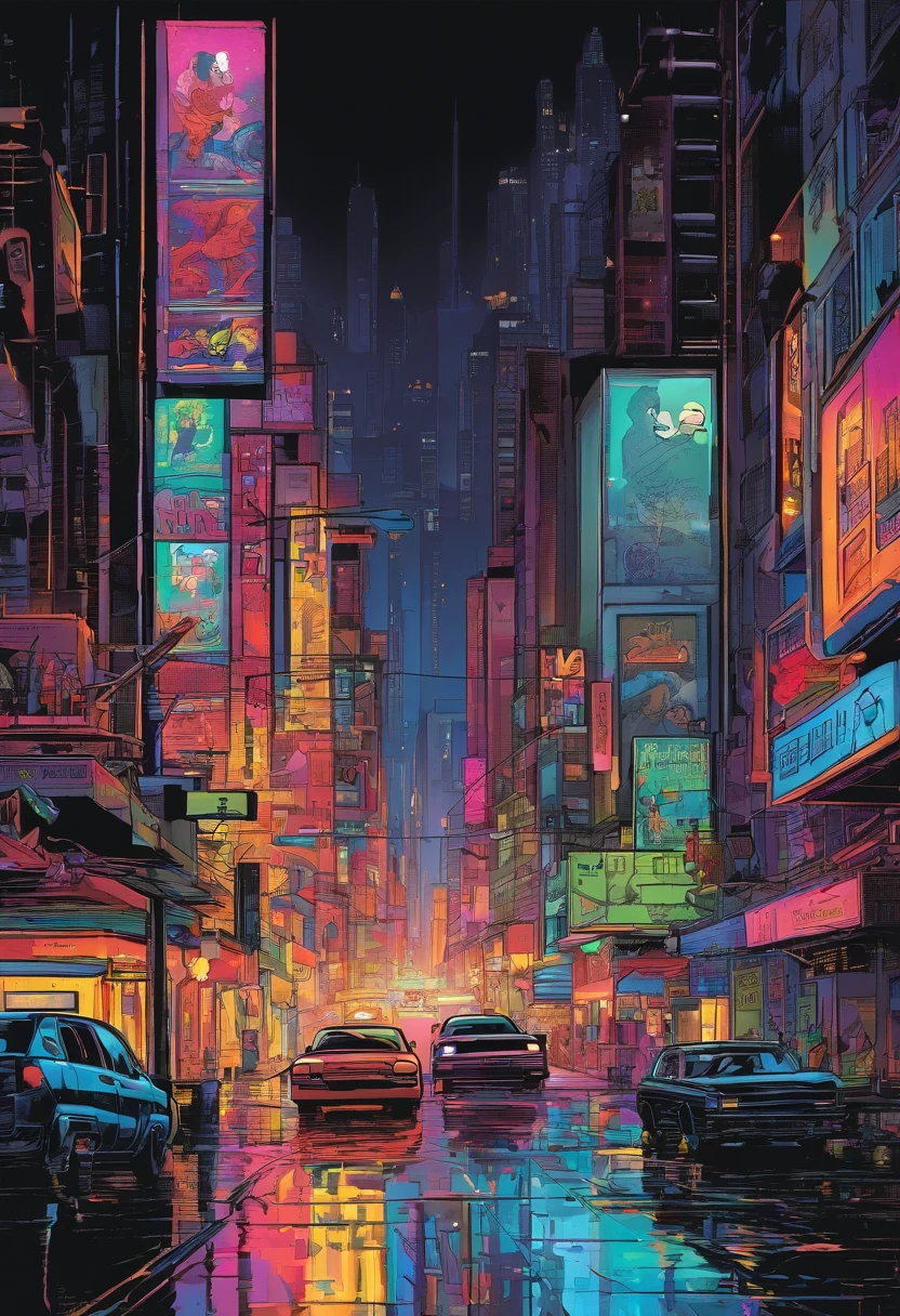 A bustling, rain-soaked cityscape at night, with skyscrapers stretching into the dark sky. Neon signs and car headlights create a vivid contrast against the black backdrop.