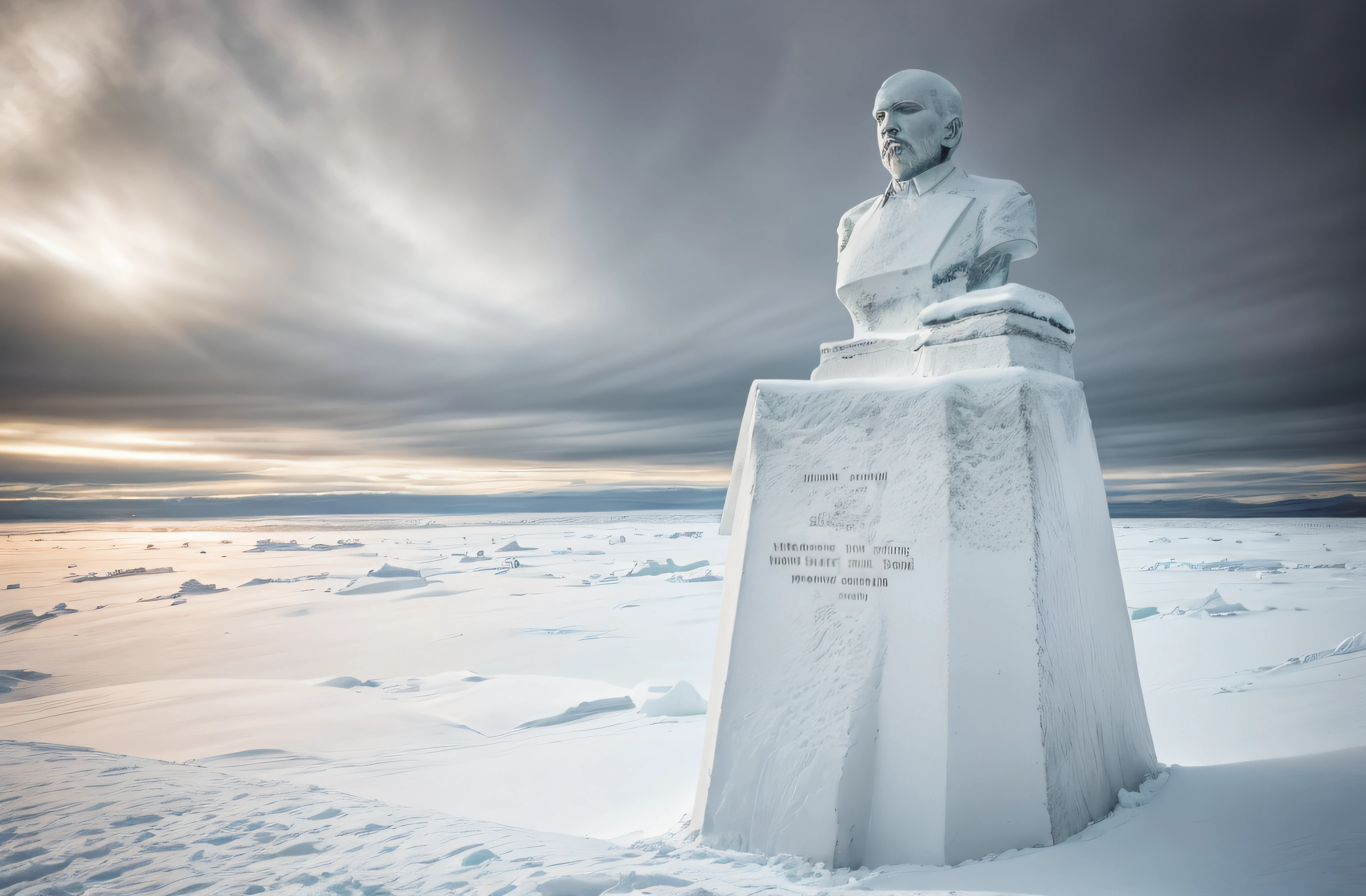 statue of lenin at the south pole of inaccessibility,bronze sculpture,standing tall,frozen landscape,winter snow,Wind swirling around,remoteness,inhospitable,the monument of solitude,isolated location,unforgiving climate,massive statue,monumental presence,ominous aura,majestic,imposing,soviet symbolism,crisp blue sky,subtle lighting,icy windswept surrounds,frigid temperature,detail-captured sculpture,subtle patina on the bronze,sharp angles in the design,facial features crisply defined,contrasting shadows and highlights,grandeur and melancholy blend,contrasts of warmth and coldness,breathtaking sight,monolithic structure,indomitable spirit,living history,remnants of a bygone era,legacy of the past. (best quality,4k,8k,highres,masterpiece:1.2),ultra-detailed,(realistic,photorealistic,photo-realistic:1.37),HDR,UHD,studio lighting,ultra-fine painting,sharp focus,physically-based rendering,extreme detail description,professional,vivid colors,bokeh,portraits,landscape
