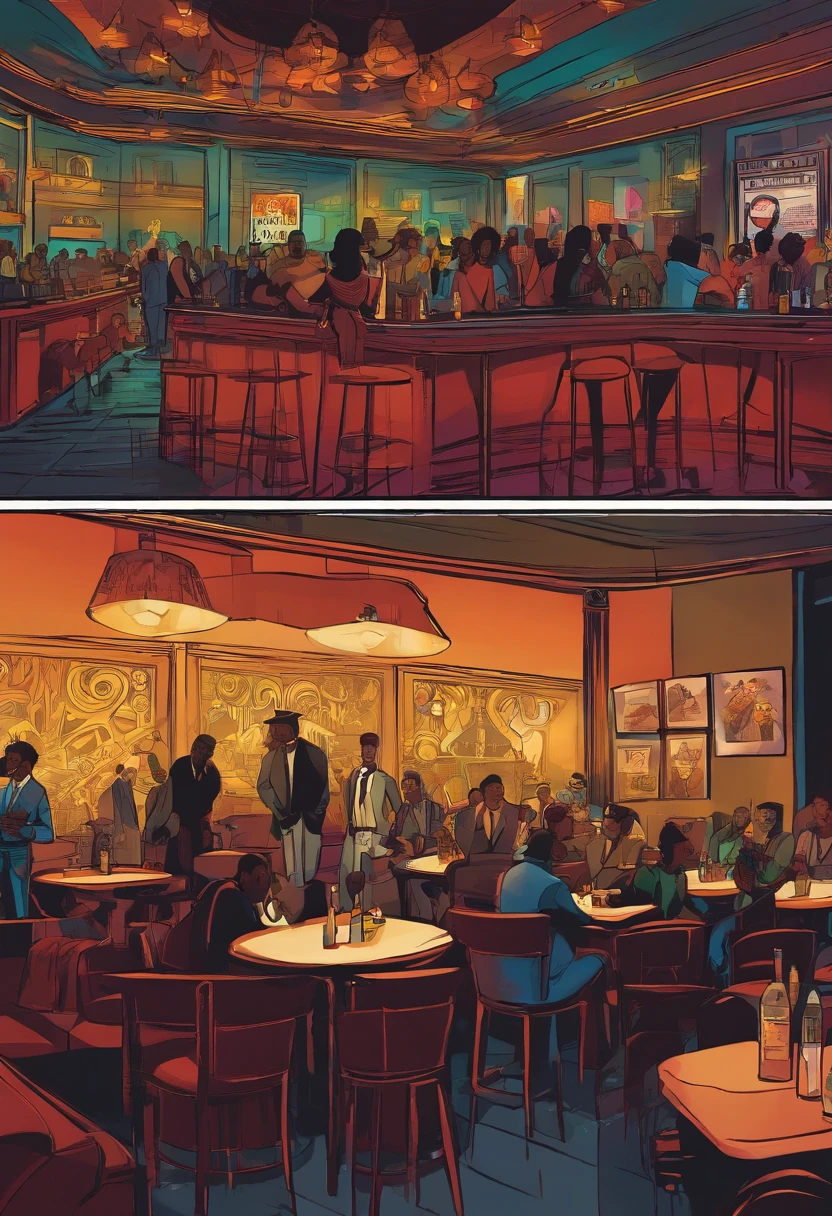 An interior shot of "Club Noir," a dimly lit nightclub with a smoky atmosphere. Patrons are seated at tables, engrossed in conversations and entertainment, while a jazz band performs on a small stage in the background.