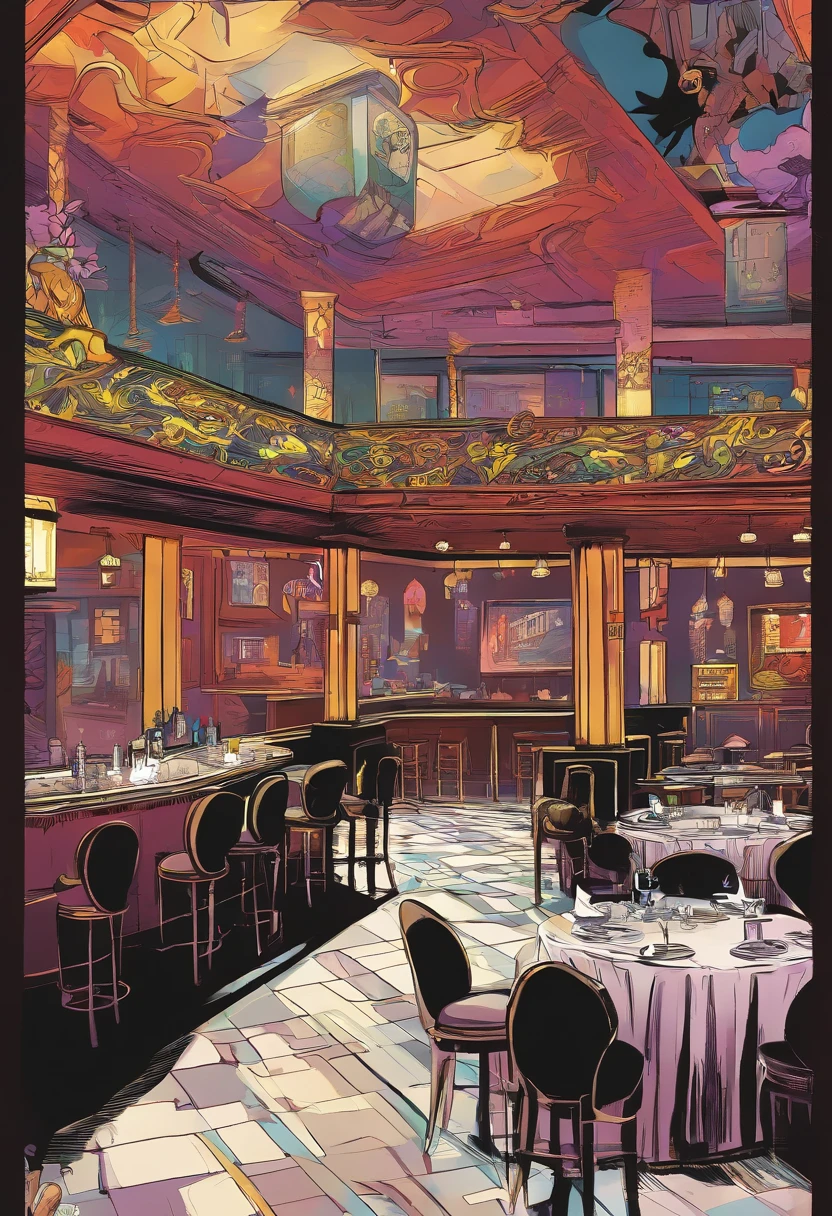 An interior shot of "Club Noir," a dimly lit nightclub with a smoky atmosphere. Patrons are seated at tables, engrossed in conversations and entertainment, while a jazz band performs on a small stage in the background.