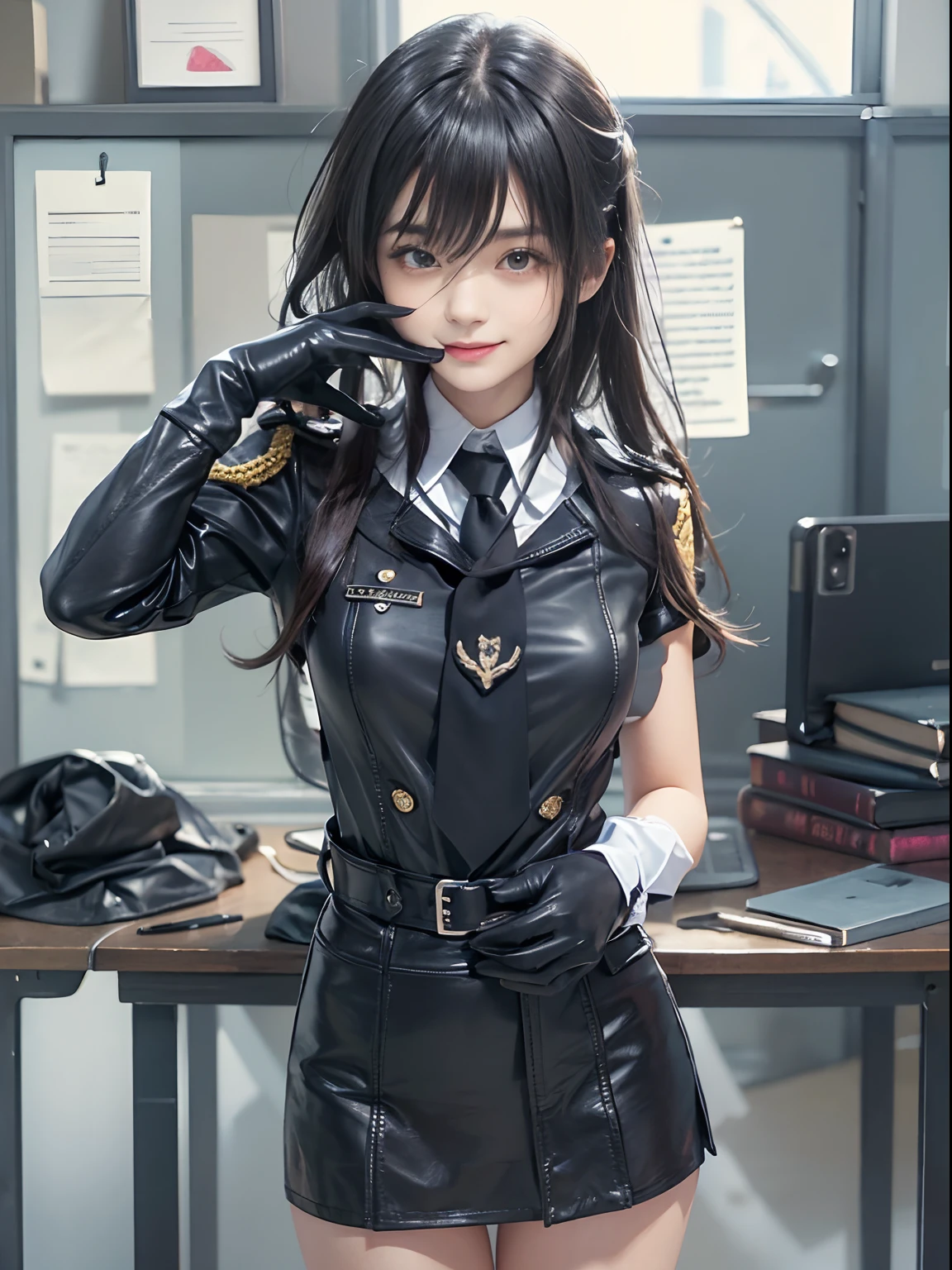 Wear black leather gloves on both hands, Upper body, Black gendarmerie uniform, Shirts and ties, Desk facing modern study in the dark, Head down and smile, Write a letter with a pen, Long straight black hair, Young Japanese high school girl (Black leather gloves cover hands)
