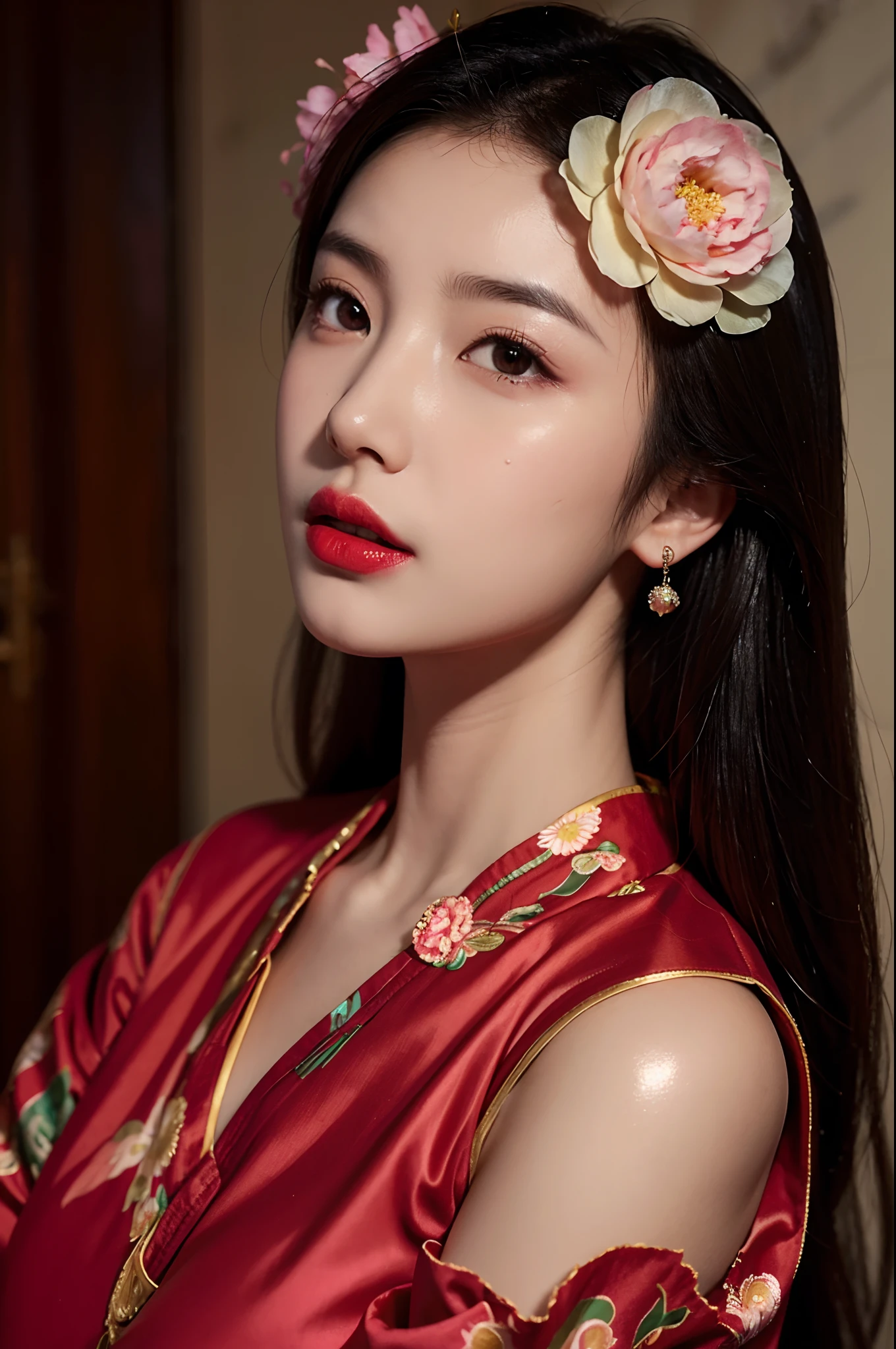1girls,shrubs,Girl-Girl,china dress,chinese clothes,hair flower,(masterpiece:1.4),(bestquality:1.4),(oily shiny skin),Red lips,looking at the audience,Big breasts,cleft lip, close up shot,