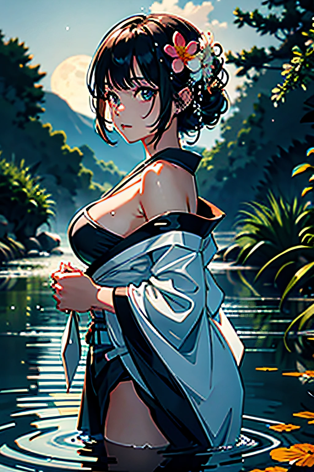 1girl, breasts, moon, lantern, night, solo, large breasts, hair ornament, wet, kimono, japanese clothes, wading, water, hair flower, flower, outdoors, sky, full moon, rain, black hair, off shoulder, mountain, cloud, holding, sash, bare shoulders, paper lantern, standing, white kimono, night sky, sideboob, obi, wet clothes, bangs, tree, from side, reflection, short hair, cloudy sky, wet hair (((masterpiece),(extremely detailed CG unity 8k wallpaper),best quality,,solo,1girl,cinematic lighting,detailed background,beautiful detailed eyes,bright pupils, (an extremely delicate and beautiful),(Beautiful and detailed eye description)， ultra-detailed,masterpiece,)),