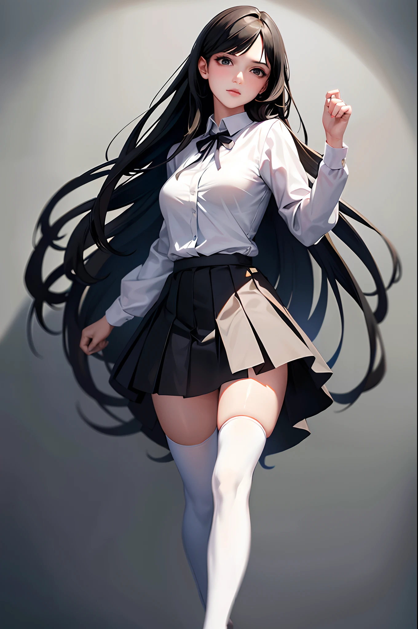 ((masterpiece, best_quality)), 1girl, (photorealistic:1.4), solo, white_background, black_hair, long_hair, zettai_ryouiki, skirt, ((full_body)),