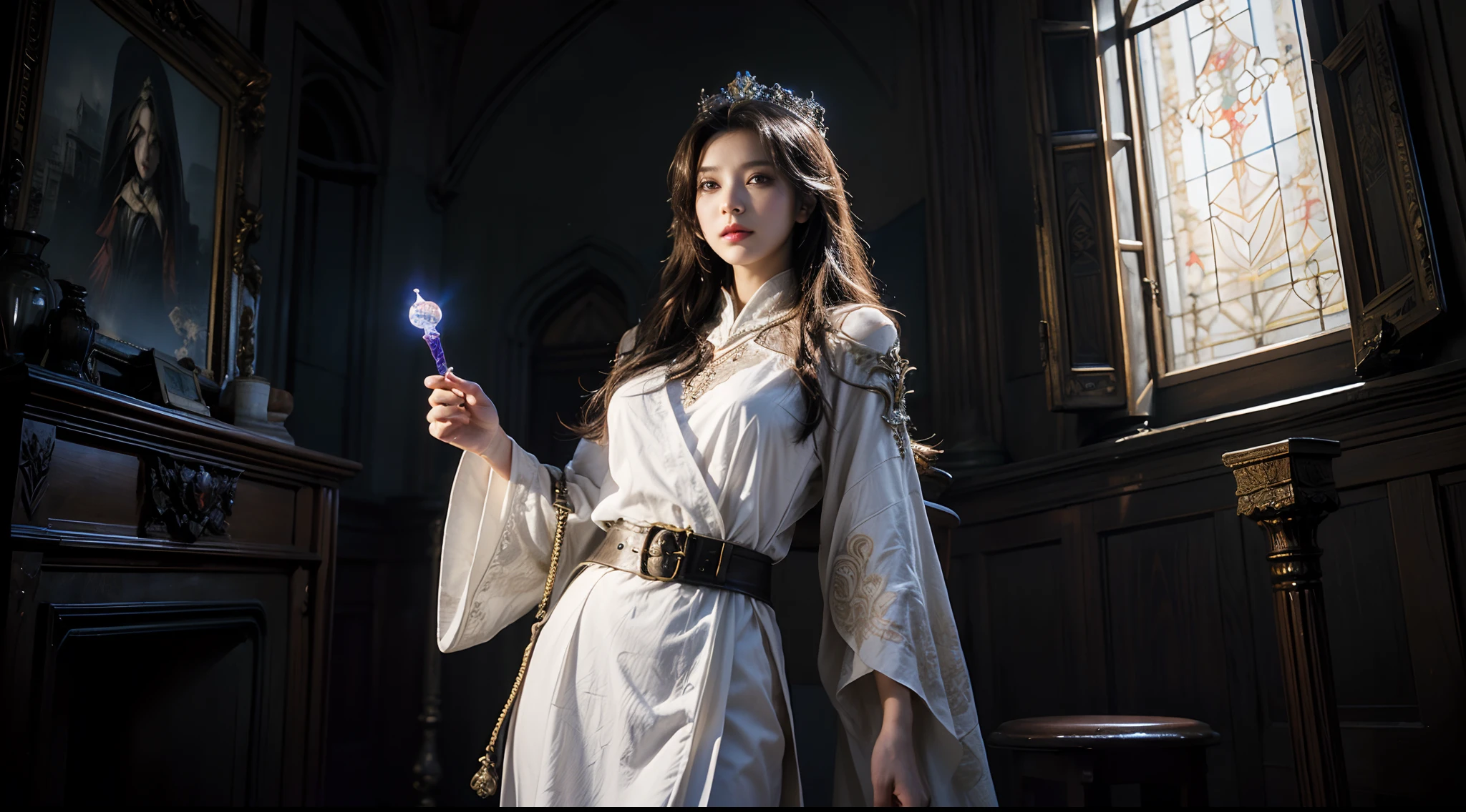 tmasterpiece,top-quality,best qualityer,((photorealestic:1.9)),(femele:1.4),(Large breasts),female mage,Mage robes,complex patterns,The background is the castle,dramatics,(magia:1.8),(Glowing scepter:1.5),Mysterious symbol