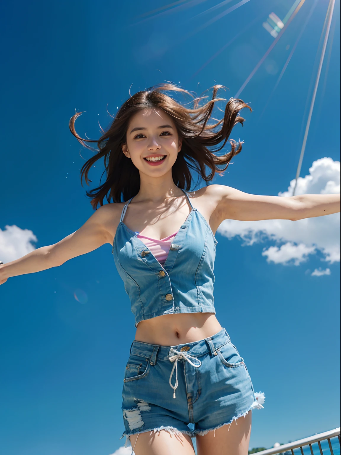 1 Girl, Beautiful, Baby Face, 20 Years Old, White Skin, Bare Breasts, Sexy Pose, Gymnastic Outfit, , Muscles, Bokeh, In the Zero Gravity Experience, Masterpiece,Wearing a sports bra and Tight sky blue jeans,(((Pose jumping from a height)))), Joyful facial expressions,Waving your arms in the air,with one's legs spread at 180 degrees,1girl