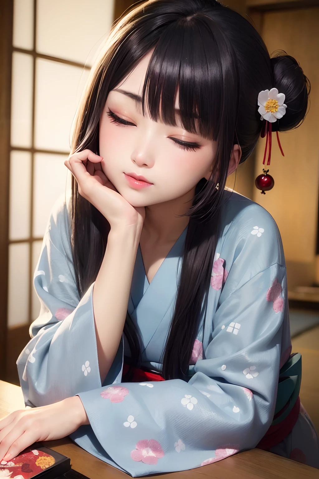 ((Normal、a small face、No exposure))、top-quality、masterpiece、(Black hair in a ponytail)、Brown eyes、⦅Upper body from the waist up、Diagonally horizontal⦆、Are sleeping、nap、(Sleeping with your eyes closed)、(4In K、masterpiece、hight resolution、Realistic and beautiful light and shadow、One girl、Solo Focus、(top-quality)、(Hi-Res)、(extremely delicate and beautiful)、(Beautiful 8k face)、(I close my eyes while smiling.)、(独奏)、(Clear skin)、(Soft hair)、(7headed body)、(Yukata kimono with red and blue floral pattern)、((Hair in a bun))、((Sendai Tanabata decoration background))、((a small face))、(reality)、thin and small nose、(red lipsticks)、(Reddening cheeks)、(Lustrous skin)、((Ukiyo-e style))、Ultra-thin eyebrows、Ultra high image quality、(Wearing maiko-style makeup)、skin whitening、long and beautiful lashes、Turning around in the style of a Kyoto magazine model、((s asleep))、Lustrous skin、(Red-dyed cheeks),Nasal muscle