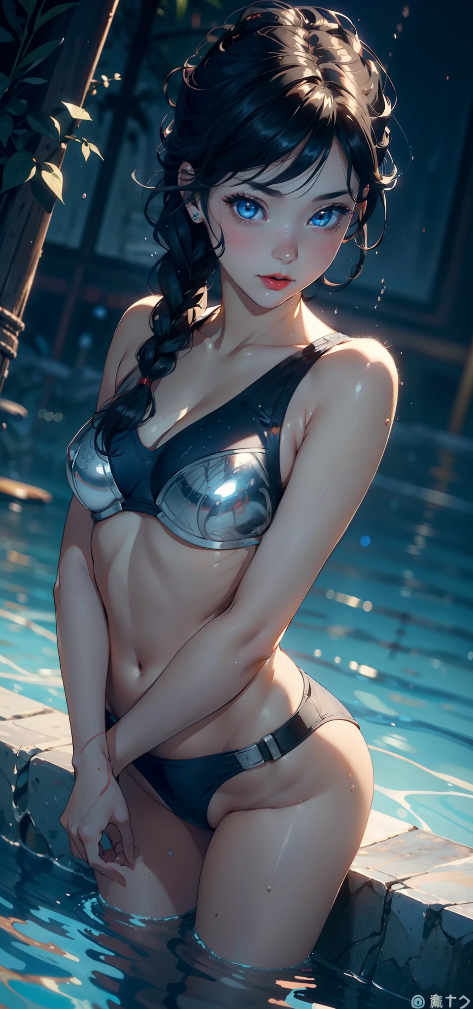 1female, 5,Small lolextremely large bosom, 独奏,(Background with:ocean floor,Under the water)Stand below the surface of the water ,She has short black hair,Twist braids,seen from the front, hair straight,,(((tmasterpiece),(Very detailed CG unity 8K wallpaper),best qualtiy,cinmatic lighting,detailed back ground,beatiful detailed eyes,Bright pupils,Blue eyes,Snow-whiteskin,Redlip(Very fine and beautiful),(Beautiful and detailed eye description),ultra - detailed,tmasterpiece,))facing at camera,A high resolution,ultra - detailed),revealing breasts,Bare genitalia, Bulge,legs are open,Raised sexy,Camel toes,Flushed complexion,Desire for dissatisfaction,frontage,Captain America uniform,