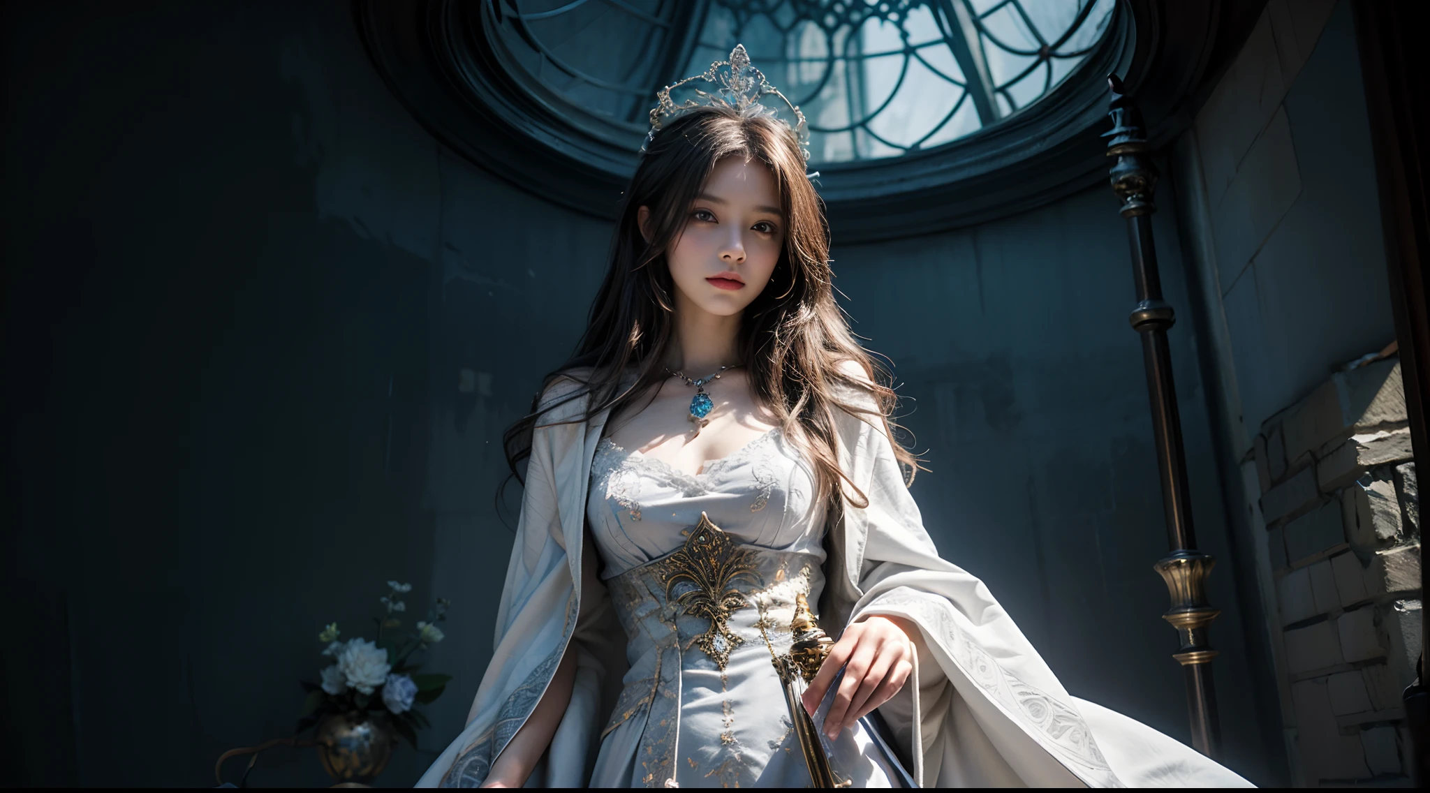 tmasterpiece,top-quality,best qualityer,((photorealestic:1.9)),(femele:1.4),(Large breasts),female mage,Mage robes,complex patterns,The background is the castle,dramatics,(magia:1.8),(Glowing scepter:1.5),Mysterious symbol