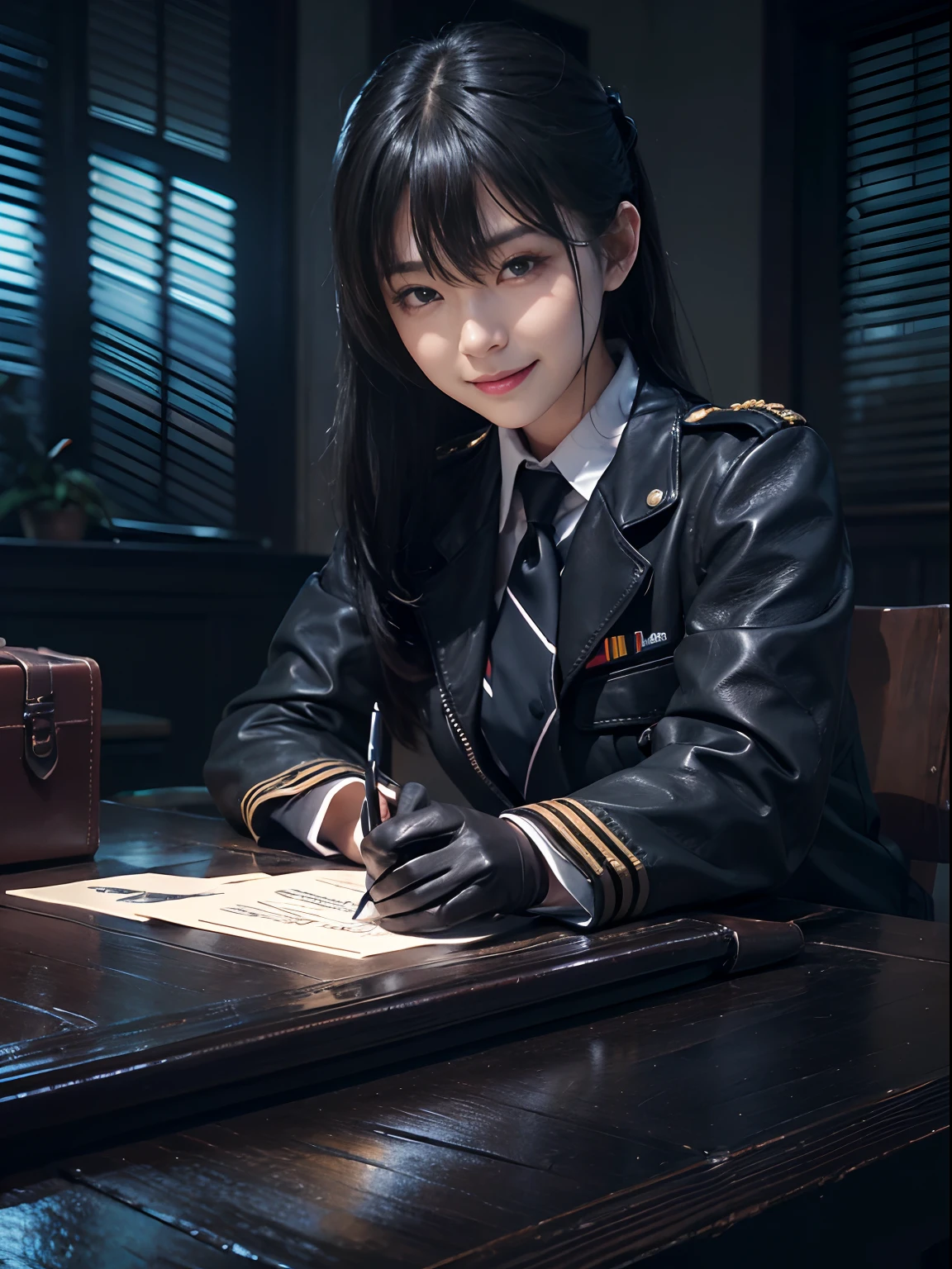 Wear black leather gloves on both hands, Upper body, Black gendarmerie uniform, Shirts and ties, Desk facing modern study in the dark, Head down and smile, Write a letter with a pen, Long straight black hair, Young Japanese high school girl (Black leather gloves cover hands)