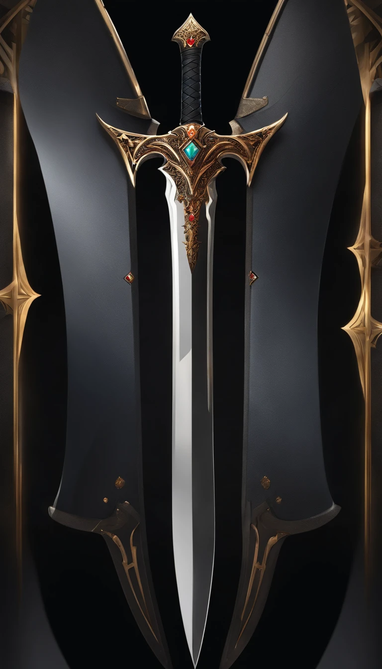 greatsword, long blade, thin obsidian blade, space blade, blade decorated with stars, black colored blade, intricate design, no background, symmetrical