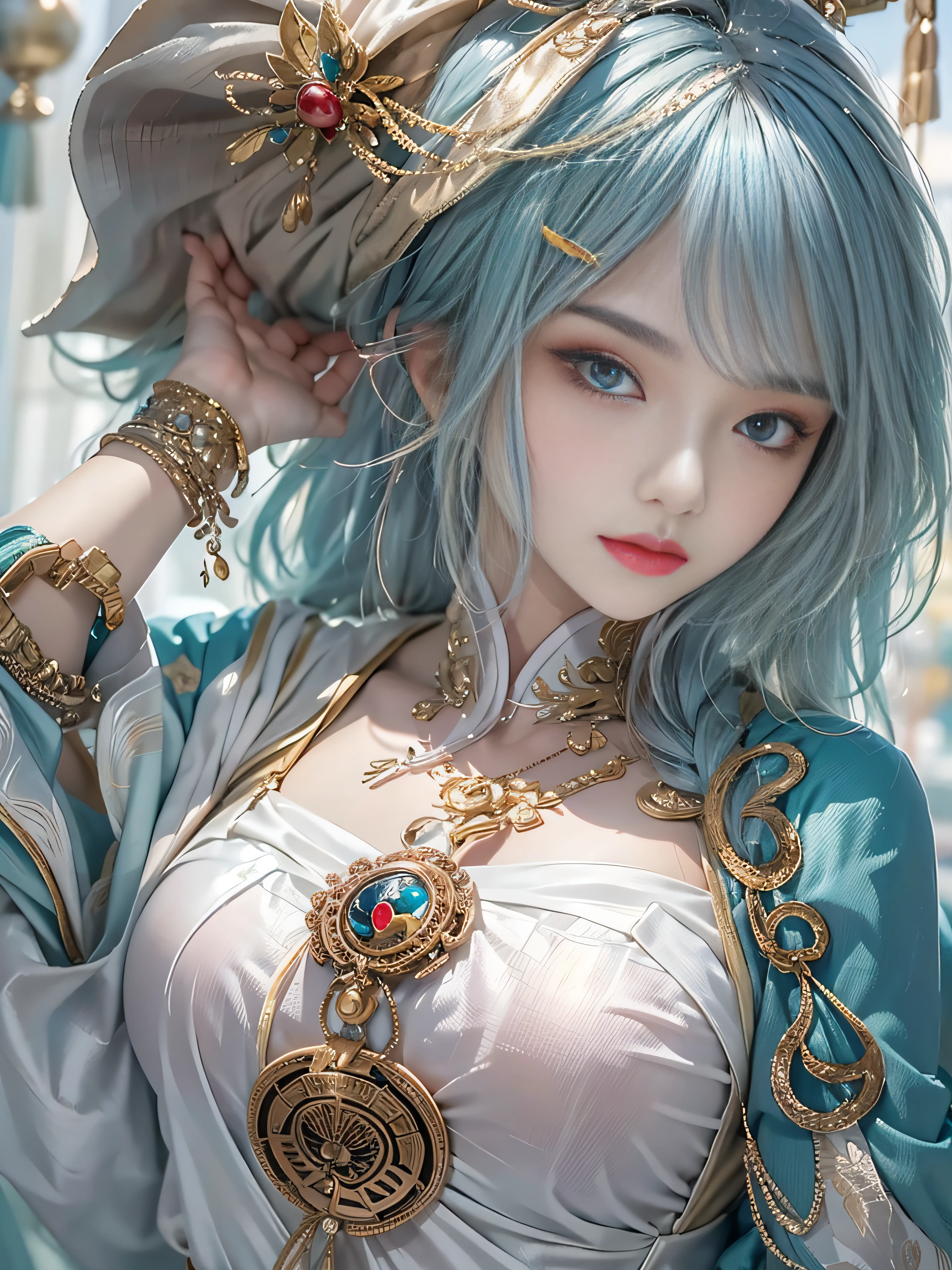 （（Jeizuo））），（（（best qualit））），（（ultra-detailliert）），（A hyper-realistic），（High Definition CG Illustration），Movie Light，Lifelike，（ganyu），Very beautiful young lady，Whirlwind，A bell hangs on his chest，（Beautiful face and lips），Light makeup，Intricate Details EBA，lightblue hair，blue cloak，Popular on ArtStation，Big thighs，fully body photo、Japanese Katana Sword、Japanese dress、Colossal tits、A bell hangs on his chest、Japanese style costume