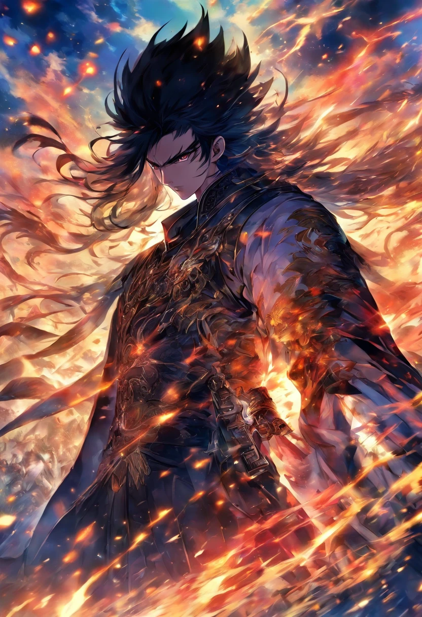 male general, black hair, black eyes, pale skin, handsome, standing on the meadows, cutting off each head he sees, anicent chinese war