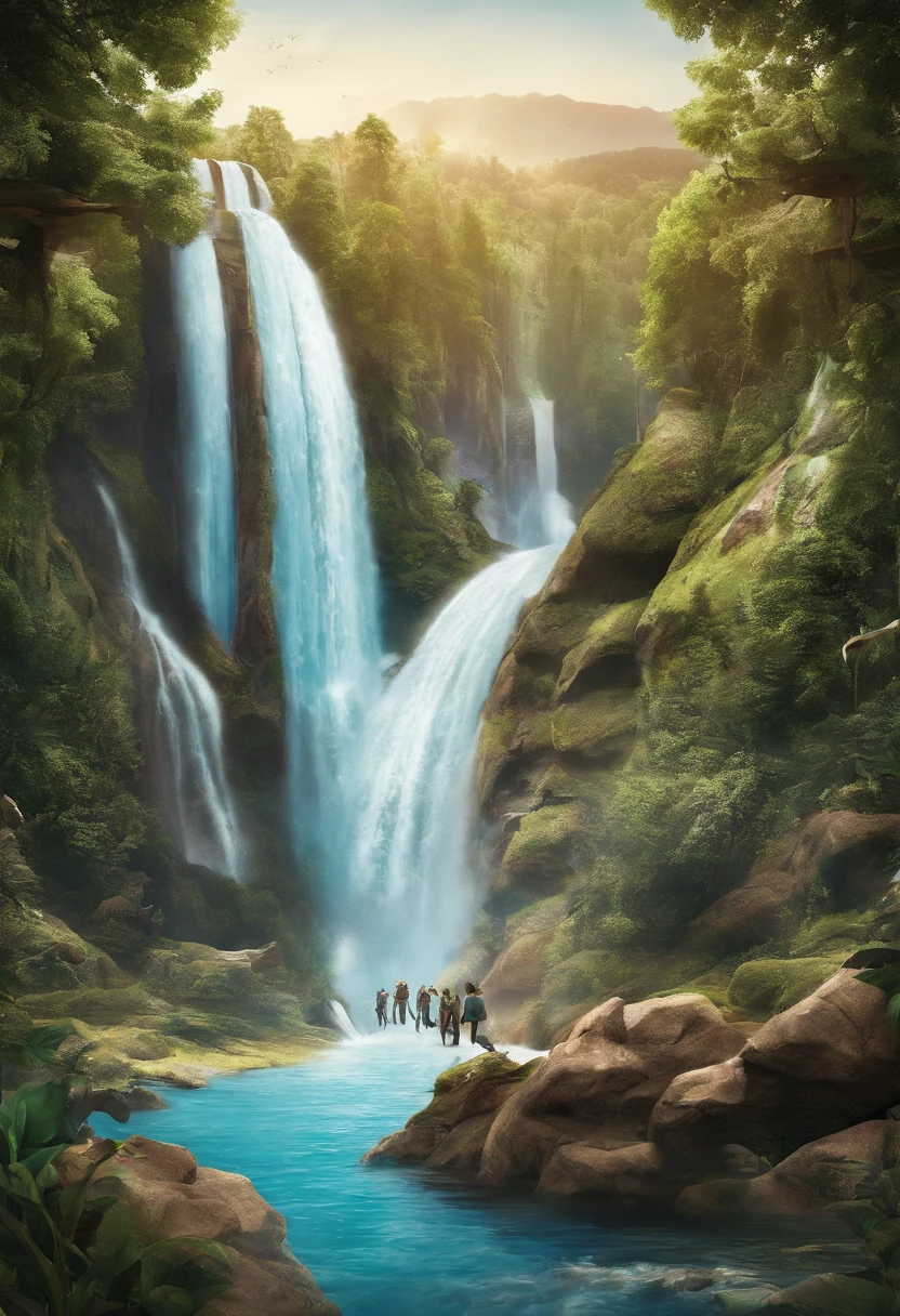 Rhea Chakraborty, beautiful, long hair, large breasts, wide hips, naked, under a waterfall, rocks and trees in the background, birds in the background, realistic, light effects, by Boris Vallejo, Frank frazetta, Louis royo --auto