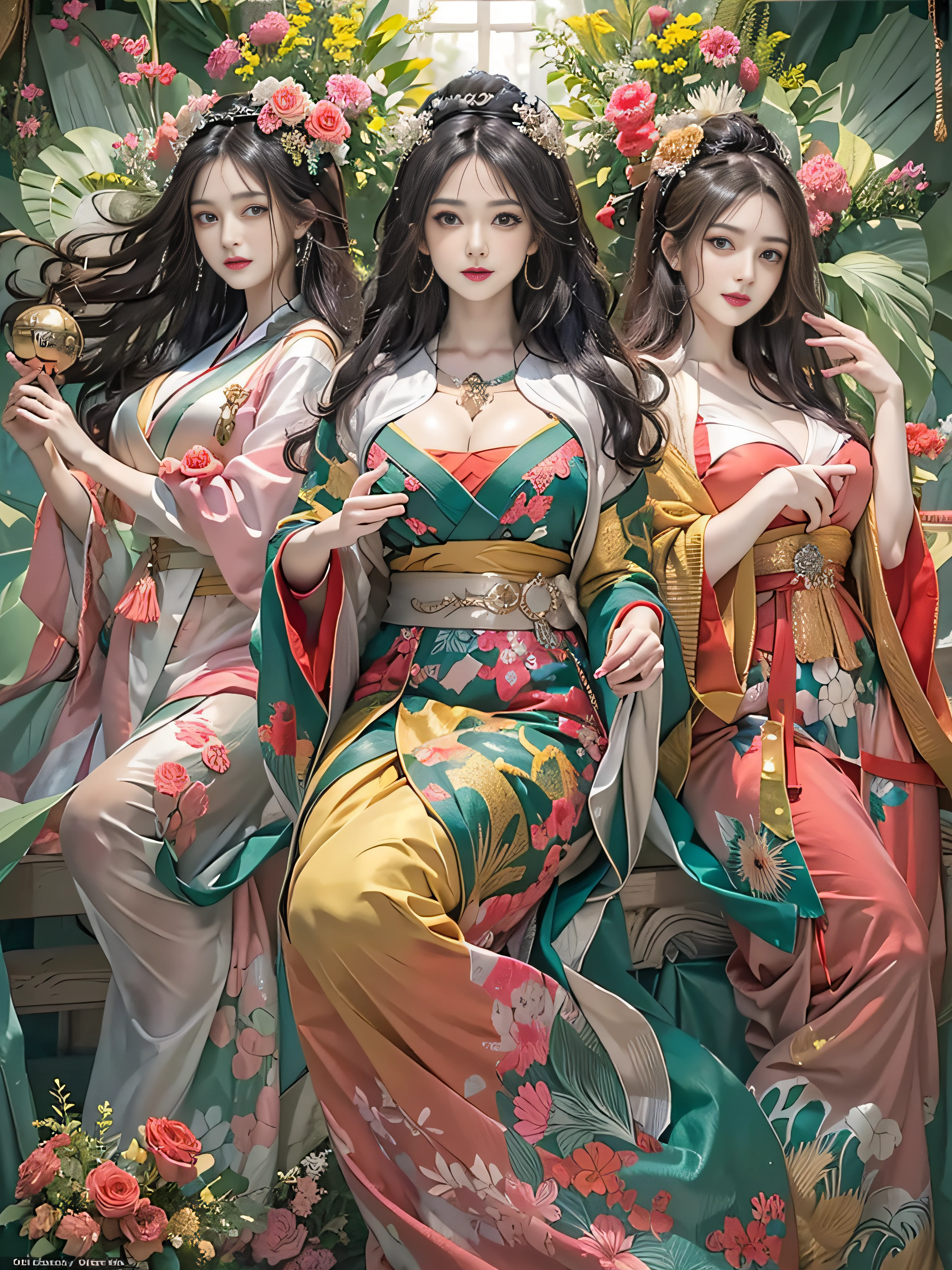 (masterpiece、top-quality、top-quality、Official art、Beautifully Aesthetic:1.2))、ighly detailed、(Fractal Art:1.3)、colourfull、highestdetailed Three Women The Three Priestesses Soft smile breasts are large Soft expression brack Hair Wave Japanese dress Komono large boob A dark-haired goddes A bell hangs on his chest Overexposed huge udder