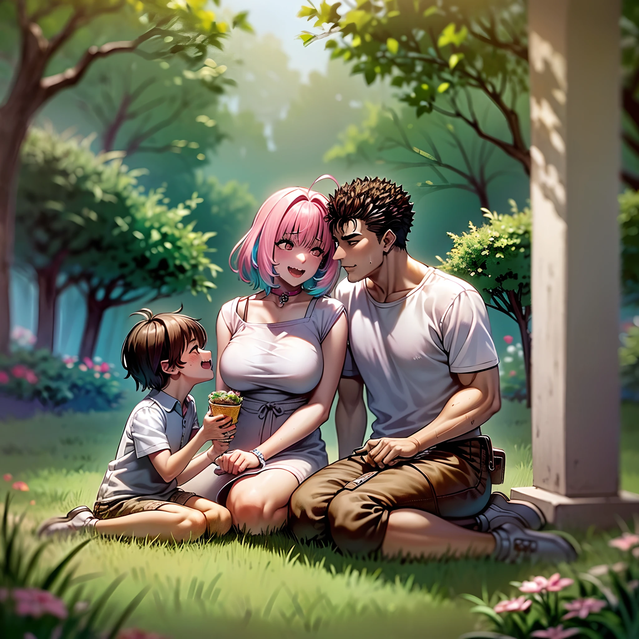 (a happy family in a picnic garden),(riamu as a motherly figure),(riamu and her husband spending quality time),(a couple enjoying the outdoors),(riamu's children playing and having fun),(guts as a loving and caring father),(a loving husband and wife),(riamu and her son sharing a joyful bond),(a happy and harmonious family),(the joyful laughter of children),(the warmth of family bonds),(a picturesque garden scene),(the vibrant colors of nature),(the soft sunlight filtering through the trees),(a peaceful and serene atmosphere),(guts and riamu surrounded by blooming flowers),(the scent of freshly cut grass),(a delicious picnic spread with a variety of food),(the sound of birds chirping),(the feeling of grass beneath their feet),(the love and happiness radiating from the family),(a moment of pure joy and togetherness),(a snapshot of a perfect family outing),(a memory to be cherished forever)