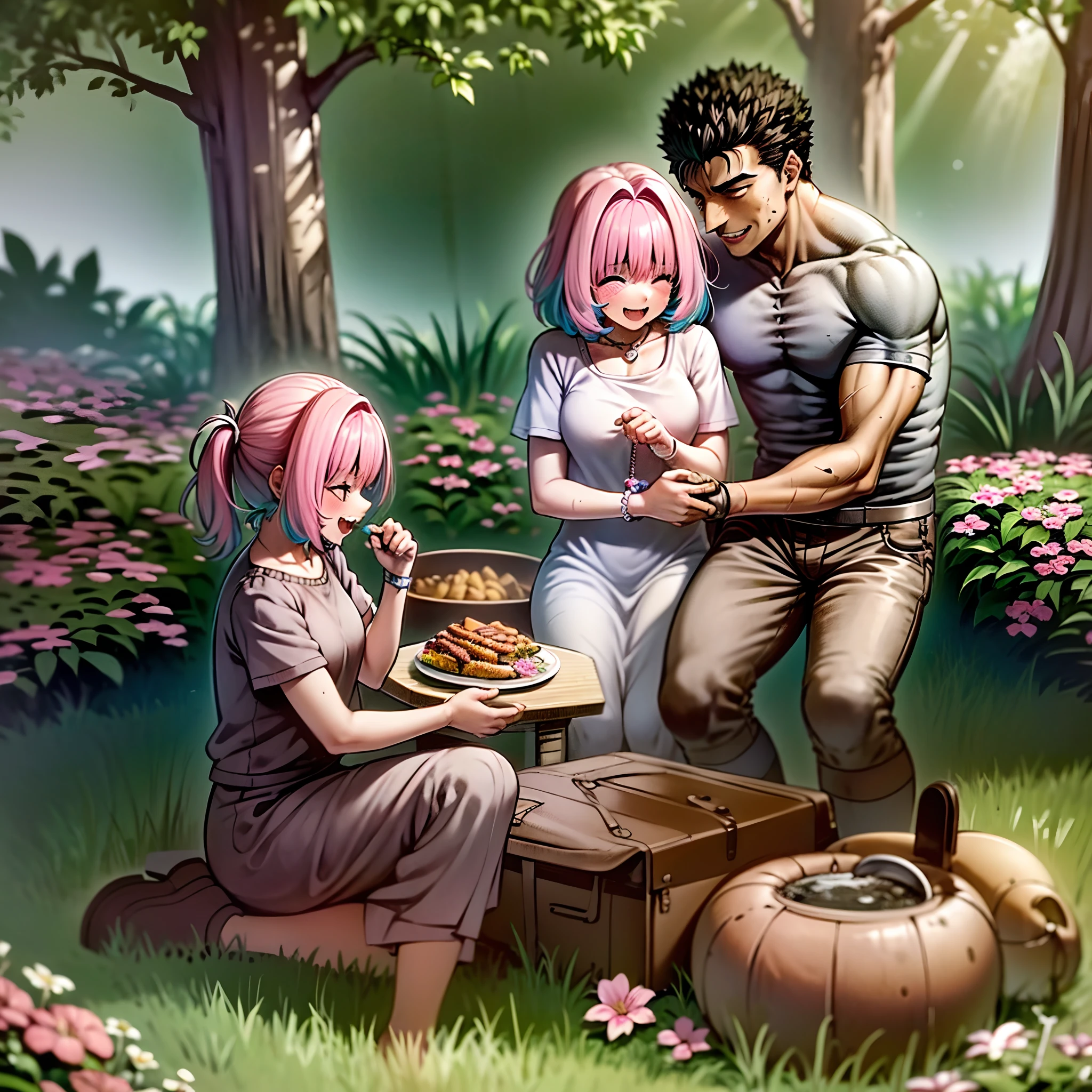 (a happy family in a picnic garden),(riamu as a motherly figure),(riamu and her husband spending quality time),(a couple enjoying the outdoors),(riamu's children playing and having fun),(guts as a loving and caring father),(a loving husband and wife),(riamu and her son sharing a joyful bond),(a happy and harmonious family),(the joyful laughter of children),(the warmth of family bonds),(a picturesque garden scene),(the vibrant colors of nature),(the soft sunlight filtering through the trees),(a peaceful and serene atmosphere),(guts and riamu surrounded by blooming flowers),(the scent of freshly cut grass),(a delicious picnic spread with a variety of food),(the sound of birds chirping),(the feeling of grass beneath their feet),(the love and happiness radiating from the family),(a moment of pure joy and togetherness),(a snapshot of a perfect family outing),(a memory to be cherished forever)