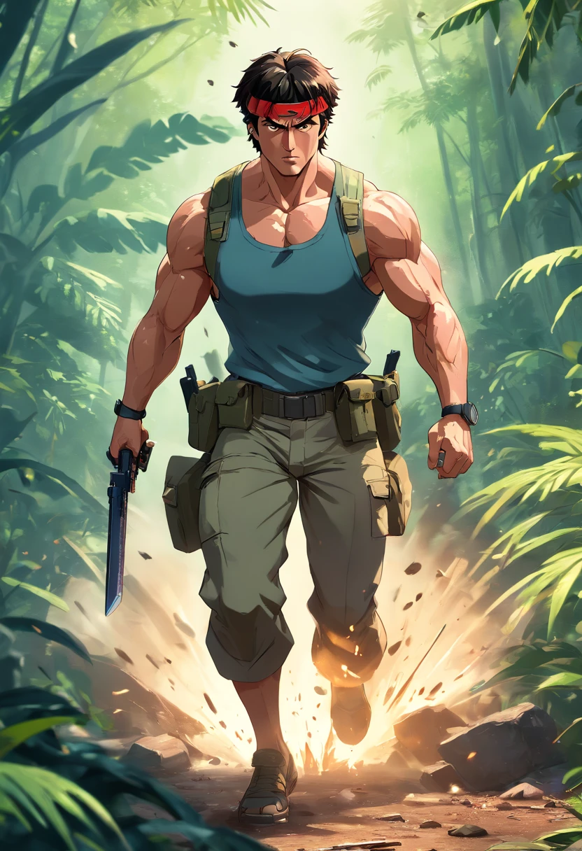 (best quality,4k,8k,highres,masterpiece:1.2),ultra-detailed,(realistic,photorealistic,photo-realistic:1.37),Sylvester Stallone,Rambo,action hero,muscular body,ripped muscles,confident expression,strong jawline,intense gaze,fierce determination,signature headband,battle-worn camouflage clothing,commando knife,bandolier,assault rifle,explosions in the background,dense jungle setting,sweat glistening on the skin,muddy terrain,stealthy approach,color grading with earthy tones,dynamic lighting creating dramatic shadows,gritty details,high contrast,adrenaline-filled atmosphere,blurred background emphasizing motion,iconic pose,strong highlights,deep shadows,man versus nature,rough textures,explosive action sequence,wide-angle perspective,cinematic feel,heroic proportions,imposing presence,unrelenting warrior,Sylvester Stallone as the ultimate action legend
