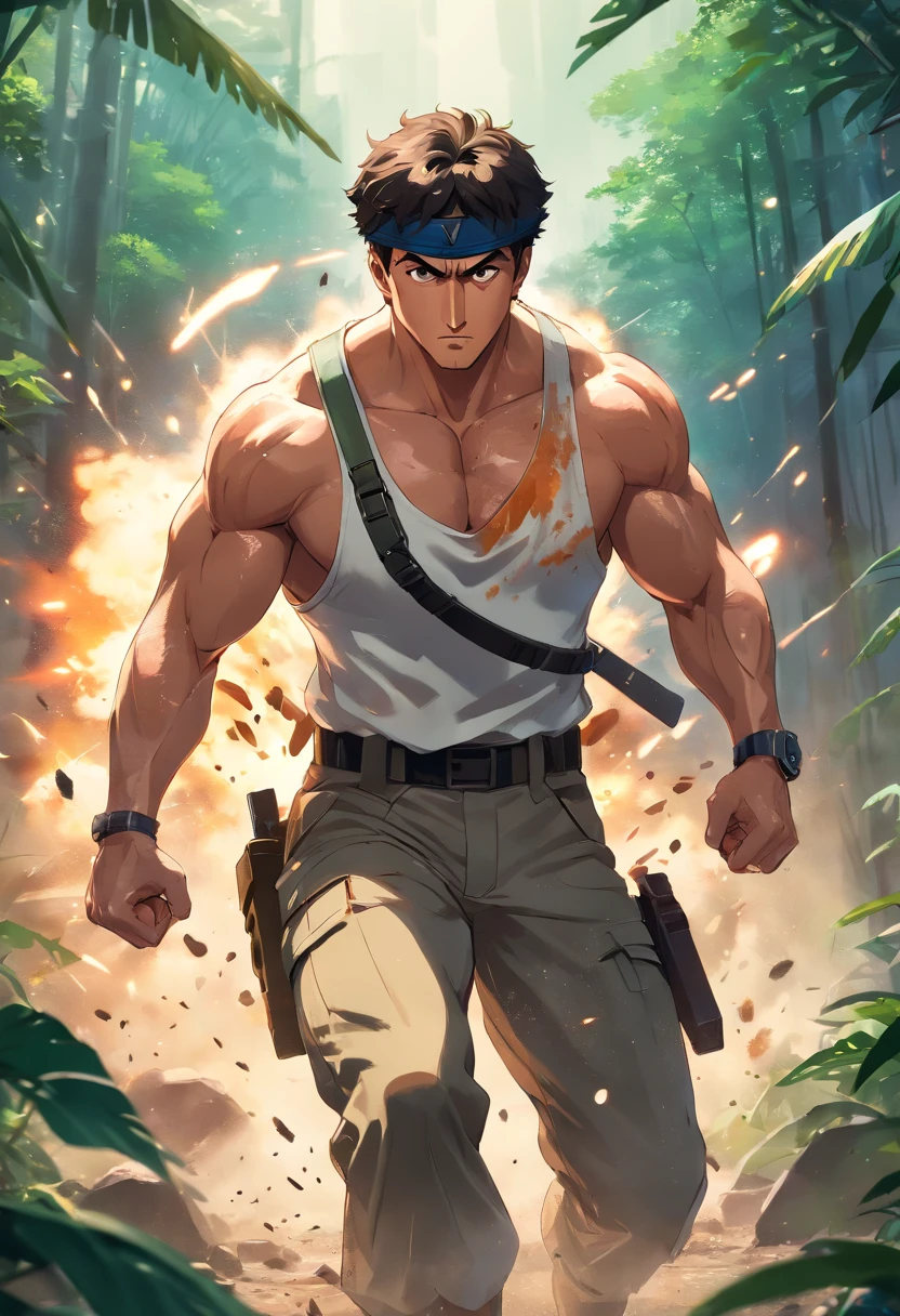 (best quality,4k,8k,highres,masterpiece:1.2),ultra-detailed,(realistic,photorealistic,photo-realistic:1.37),Sylvester Stallone,Rambo,action hero,muscular body,ripped muscles,confident expression,strong jawline,intense gaze,fierce determination,signature headband,battle-worn camouflage clothing,commando knife,bandolier,assault rifle,explosions in the background,dense jungle setting,sweat glistening on the skin,muddy terrain,stealthy approach,color grading with earthy tones,dynamic lighting creating dramatic shadows,gritty details,high contrast,adrenaline-filled atmosphere,blurred background emphasizing motion,iconic pose,strong highlights,deep shadows,man versus nature,rough textures,explosive action sequence,wide-angle perspective,cinematic feel,heroic proportions,imposing presence,unrelenting warrior,Sylvester Stallone as the ultimate action legend