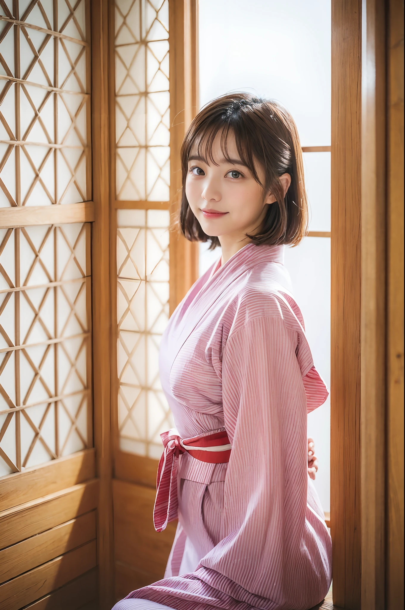 (natta:1.7), East Asian Architecture, 1womanl,Sitting on tatami mats, brunette color hair,(hair between eye), Lip flap, ,Beautiful fingers,Beautiful long legs,Beauty Body,Cute nose,Beautiful character design,perfect eyes,face perfect,looking at viewert,(Innocent_Big_Eyes:1.0),(light_Smile:0.3),offcial art,Very detailed CG Unity 8K wallpaper,Perfect litthing,highly colorful,Bright_front_Face_Lighting,(tmasterpiece:1.0),(best_quality:1.0), 超A high resolution,4K,ultra - detailed, photography of, 8K, nffsw, hight resolution, absurderes:1.2, Kodak Portra 400, film grains, the background is blurred, Bokeh:1.2, Lens Flare Glow, ( Vibrant_Color:1.2) (Beautiful,Large_breasts:1.4), (Beautiful_Face:1.5),(narrow_waist-up),8K,Raw photo, 、Relax at a ryokan in Japan、The background is the open-air bath at night at a hot spring inn (Girls are not subjects:1.3) (Hair after a bath:1.3),(Hair is wet:1.3) ((Girls are not subjects:1.2))((Draw a wide night background:1.2),((Yukata with light blue stripes isolated on white background:1.3)),(Yukata does not need gloss at all:1.5)),((No need for a Korean yukata or Korean-style hairstyle.:1.5)),((Faithfully and realistically reproduce a pure Japan yukata:1.5))((Light Pink Band:1.3)),((The background is the entrance living room、At night, Overlooking the inn's large and beautiful gardens..:1.3)),((8th class))、((Light Pink Band:1.5)) ((Beautiful shiny straight short long:1.5)) sixteen years old、((Beautiful shiny straight short long:1.5))((Pink Band))、((The color of the band is pink:1.3),(Faithfully and realistically reproduce the obi of a yukata:1.3) ((Faithfully and realistically reproduce a pure Japan yukata:1.5)),((Walking through the corridors of the inn at night:1.3))a sense of depth、Night Hostel There are small lights and flowers in the hallway. (When you open a window, You can see a beautiful sunset outside.:1.3) sixteen years old、((Beautiful shiny straight short long:1.5))((Window lattices should be less、Faithfully reproduce the Japan w