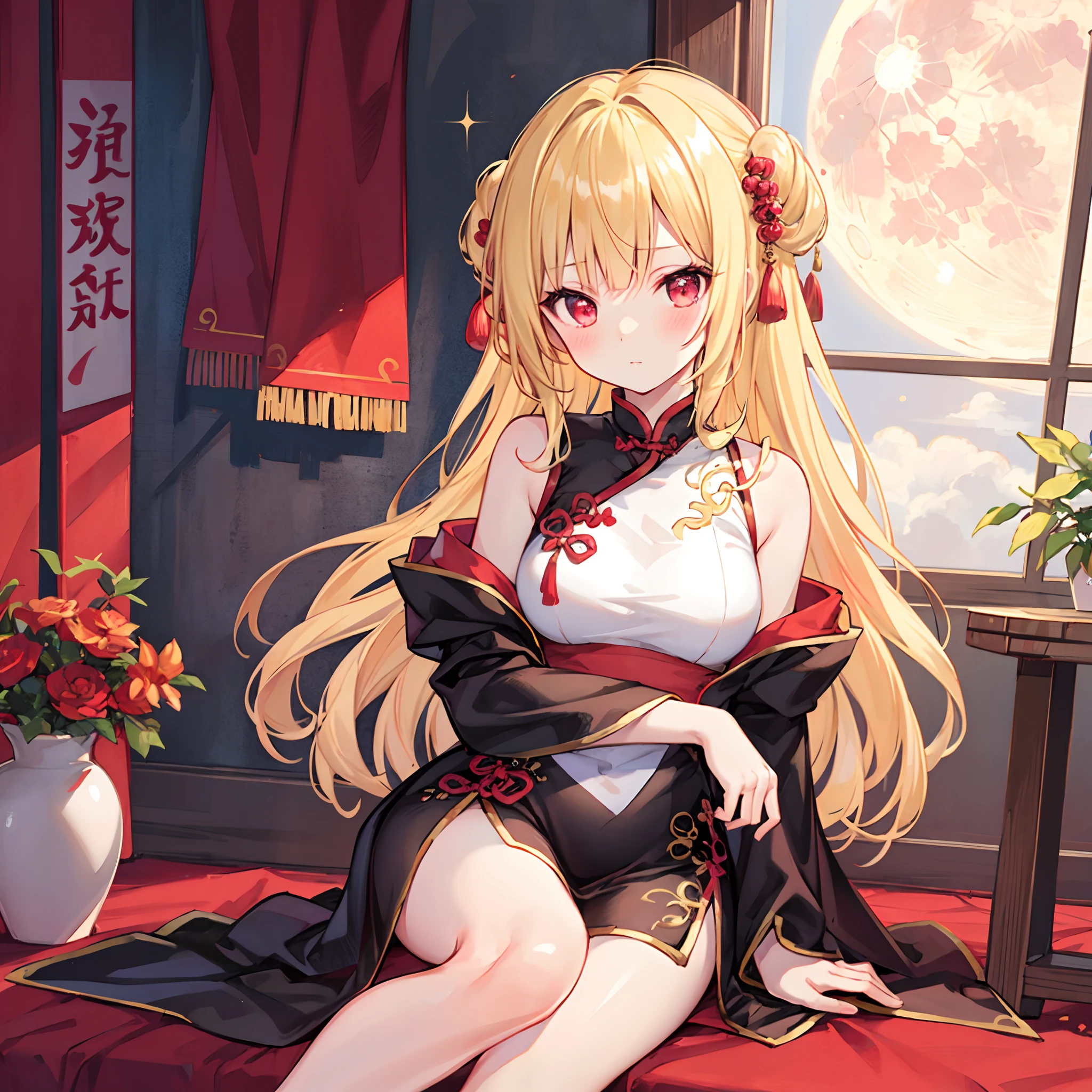Wavy blonde hair、red eyes、sparkly eyes、Beautiful girl alone、qipao dress、Beautiful Moon、natta、red blush、Inside a Chinese room、sitting on
