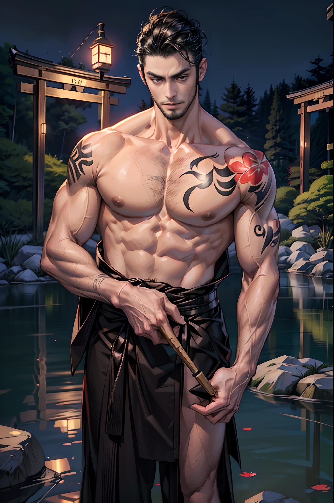 A handsome and strong Japanese yakuza 35-year-old man lies by the pond in a Japanese garden late at night,Wear a neat kimono,Black super short hair,Very masculine face shape,Wide face,Trimmed neatly trimmed beard,((Pale skin)),Fair skin color,Long slender figure,His body is covered with traditional Japanese tattoos,(Holding a Japanese-style short knife),deep in the night, Japanese lanterns,Dark room,tatami floor,(((Ultra-low angle shooting))),((((high detal)))), (Full shot), (Photorealsitic,Photorealistic,photo-realistic:2), (perfect bodies), (Perfect face),(dregs:1.5), (Perfect eye), dangerous, bad-ass, Epic, ((((com rosto detalhado,Correct body structure,Correct body proportions))))