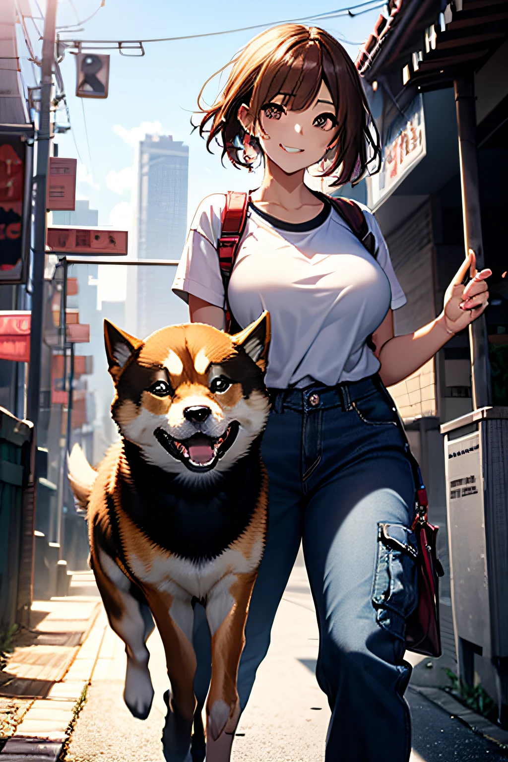 (Girl taking a walk with a puppy:1.3),(Shiba dog:1.3),Have a lead,Crystal clear water flows,beautiful mountain in background々,Very Big White T-Shirt,Cargo pants, gently smiling、(beautiful a girl)、(short hair of red-brown color、hair pin、poneyTail、Floating hair、)Colossal tits、A smile that beguiles the viewer、Look into the photographer、skin glistening with sweat、gazing at viewer,pointed red mouth,Perfect round face,,Proper body proportion,Intricate details,Very delicate and beautiful hair,photos realistic,Dreamy,Professional Lighting,realistic shadow,Beautiful hands,Beautiful fingers,Detailed finger features,Detailed arm functions,detailed clothes features,Detailed hair features,detailed facial features,(masutepiece,top-quality,Ultra-high resolution output image,) ,(The 8k quality,),(Image Mode Ultra HD,)