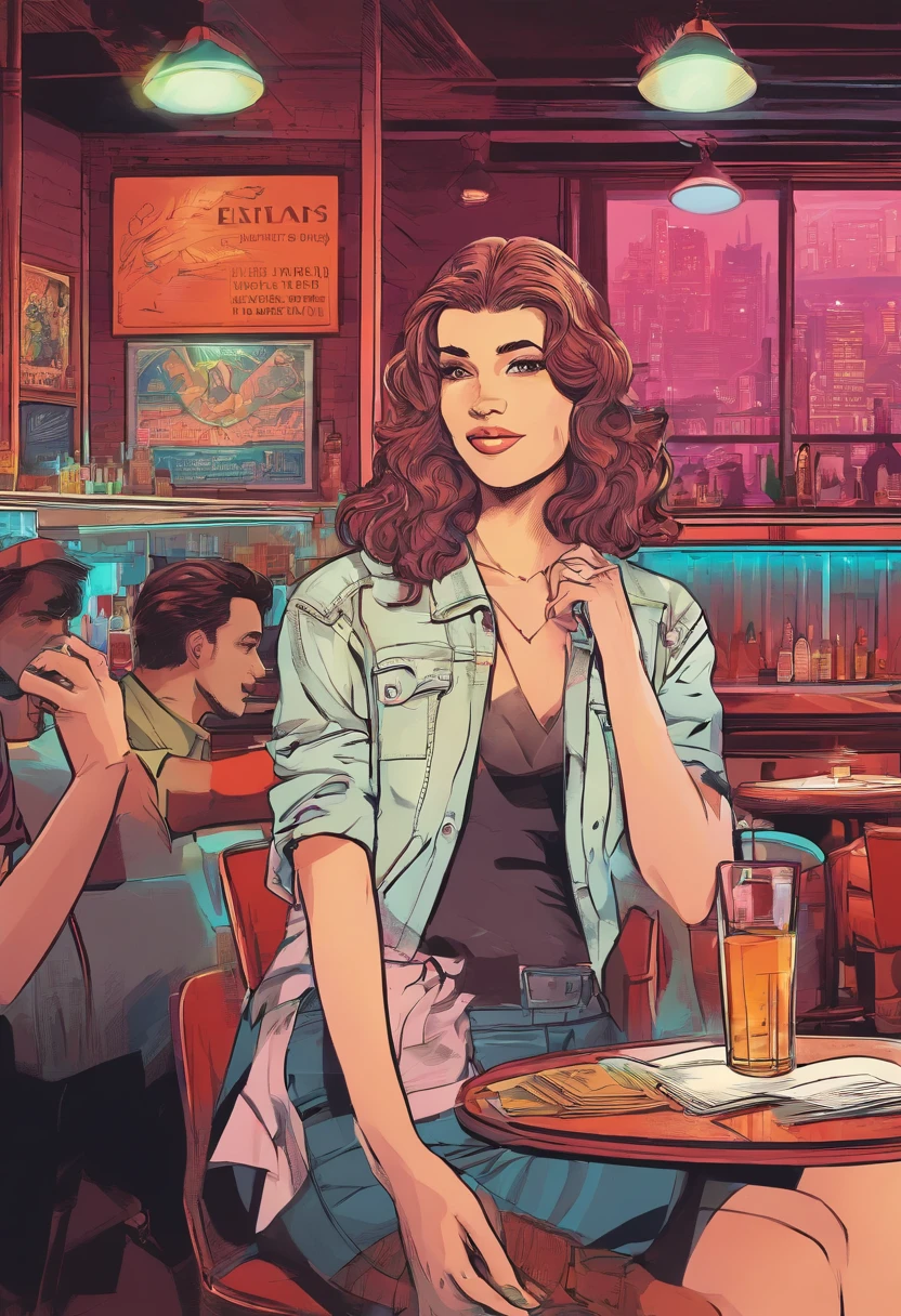 Lily's hand holding a creased and faded photo of Ethan, the missing person. She's sitting at the bar in Club Noir, surrounded by patrons and the dim glow of the neon lights.