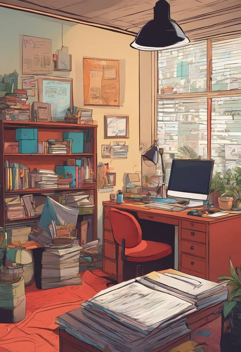 Lily's cluttered office, dimly lit by a desk lamp. The room is filled with case files, a corkboard with photos and red strings connecting them, and an air of determination.