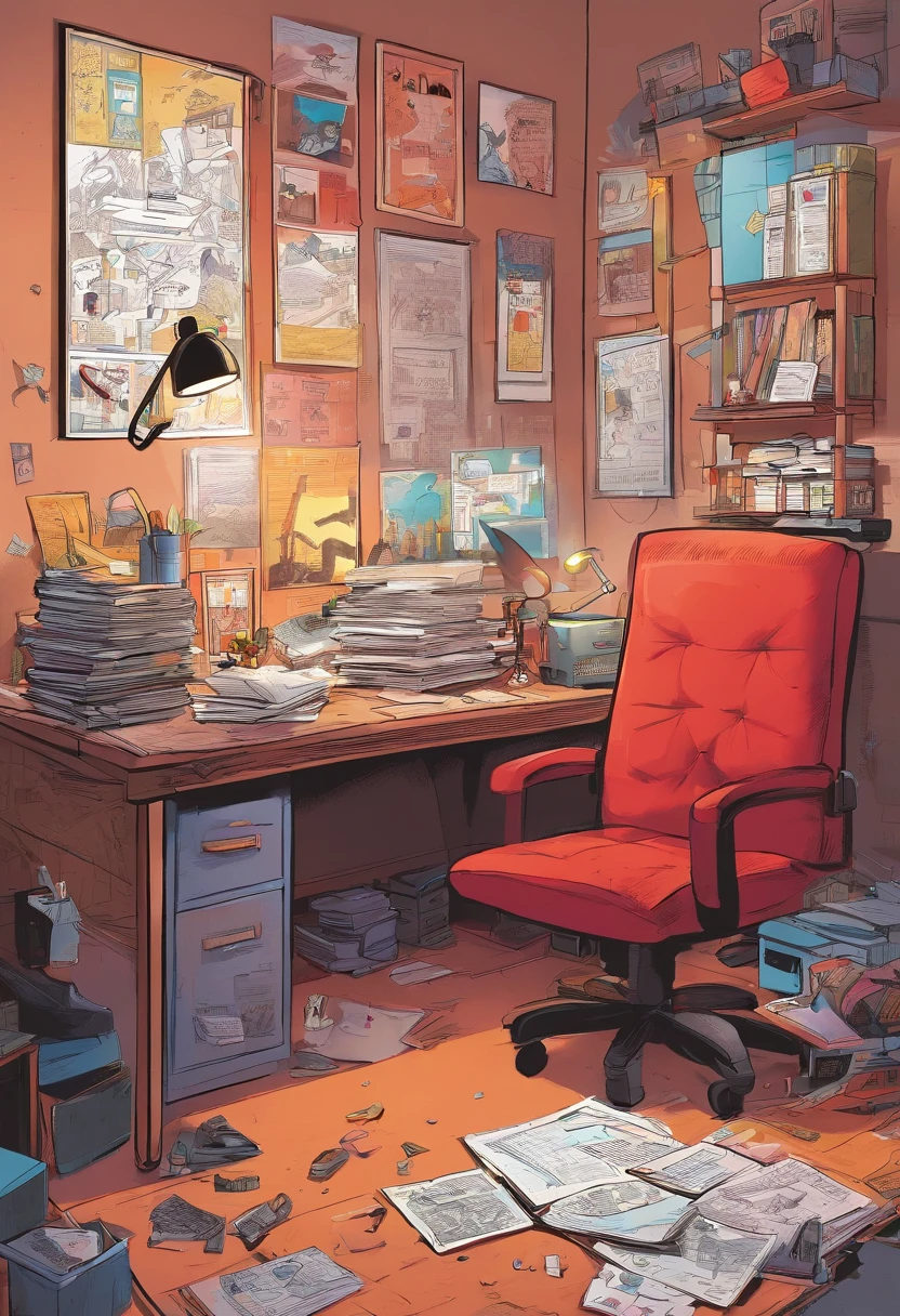 Lily's cluttered office, dimly lit by a desk lamp. The room is filled with case files, a corkboard with photos and red strings connecting them, and an air of determination.