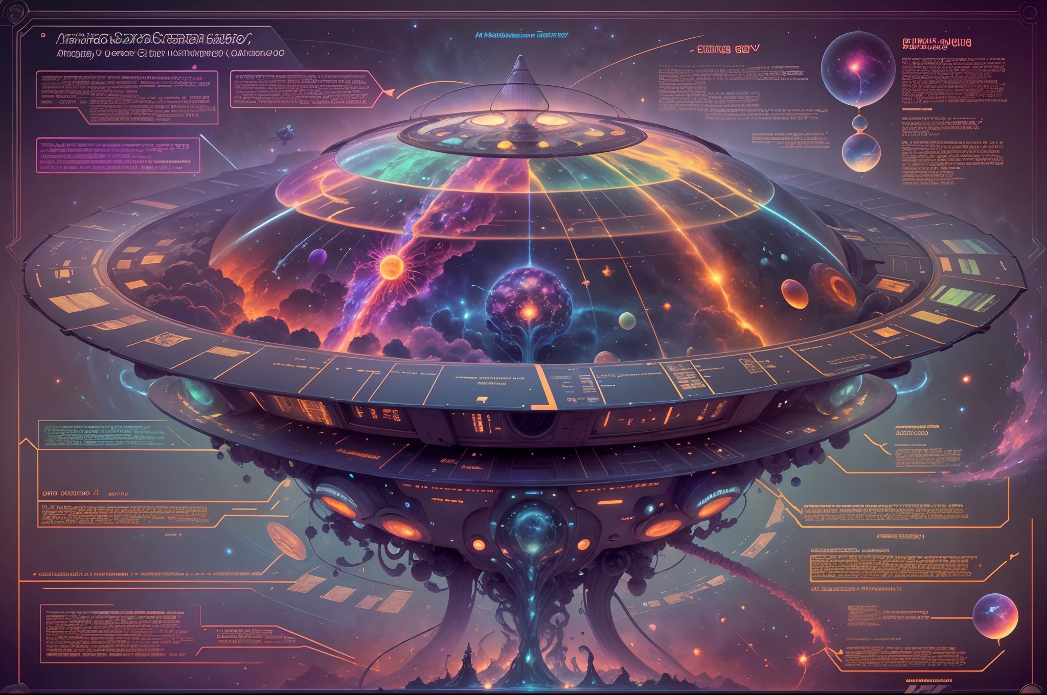 Fantasy00d Technical Diagram, Info graphic, Charts, of A Cosmic Technological UFO Aerodynamic  Spacecraft, Info Graphic, Scientific, Data Diagram, Nervous System, Galaxy, Vibrant Colors, Midnight Aura, Ultra Detailed, H.R. Giger, Max Ernst, Thomas Kinkade, Robert Gonsalves, dark background, flowervirus