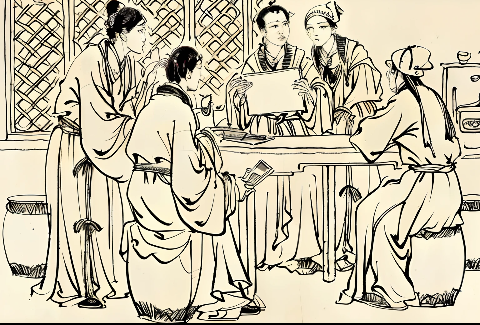 a close up of a painting of a group of people in a room, Trial Division and Jury Trial, Chinese mythology, ancient china art style, Taoist temples and monks, taoist, hystorical painting, old chines painting, traditional chinese art, traditional painting, Traditional Chinese painting, Taoism, chinese three kingdoms, Chinese style painting, Chinese tradition