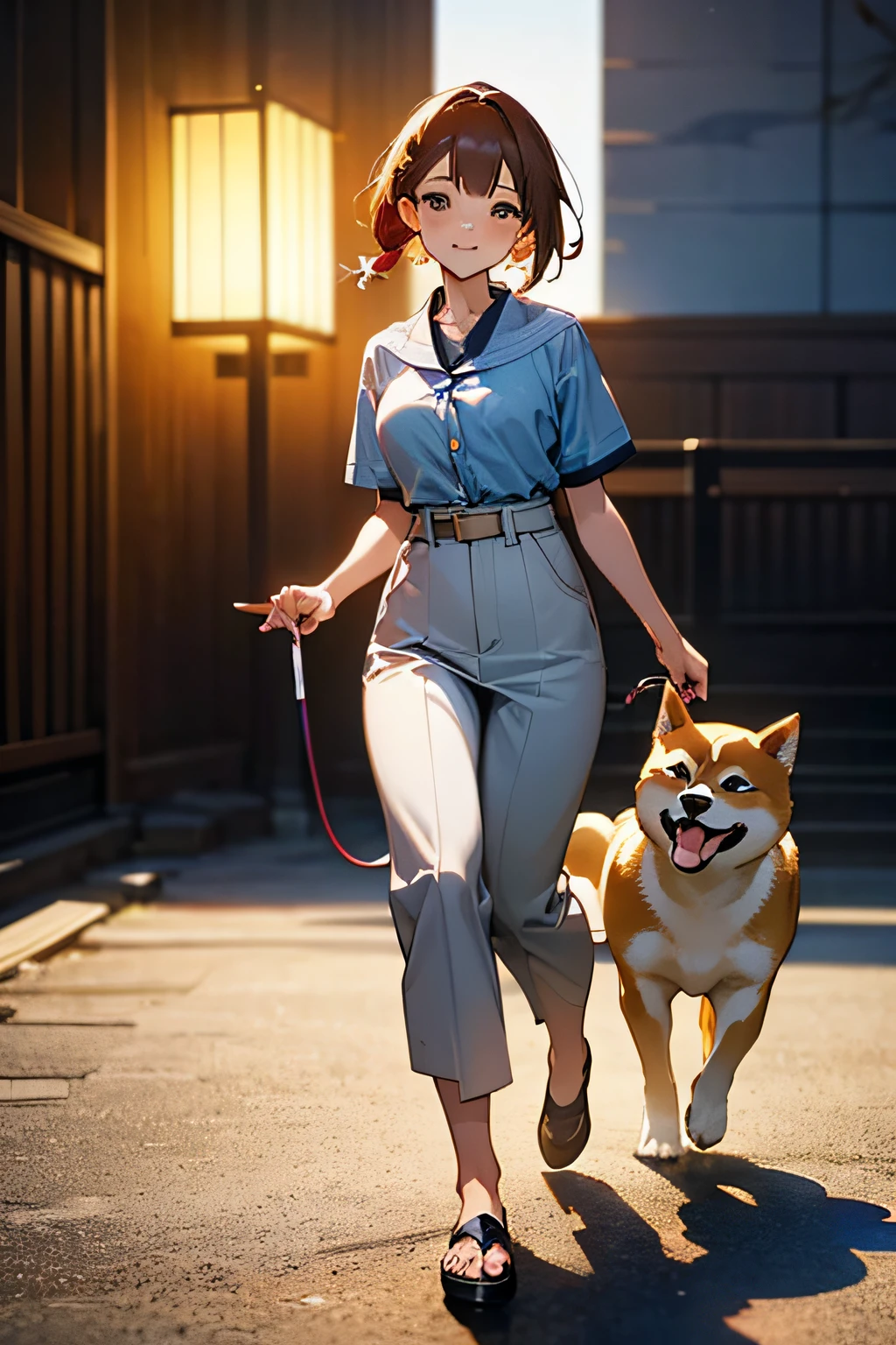 (Girl taking a walk with a puppy:1.3),(Shiba dog:1.3),Have a lead,Crystal clear water flows,beautiful mountain in background々,Very Big White T-Shirt,Cargo pants, gently smiling、(beautiful a girl)、(short hair of red-brown color、hair pin、poneyTail、Floating hair、)Colossal tits、A smile that beguiles the viewer、Look into the photographer、skin glistening with sweat、gazing at viewer,pointed red mouth,Perfect round face,,Proper body proportion,Intricate details,Very delicate and beautiful hair,photos realistic,Dreamy,Professional Lighting,realistic shadow,Beautiful hands,Beautiful fingers,Detailed finger features,Detailed arm functions,detailed clothes features,Detailed hair features,detailed facial features,(masutepiece,top-quality,Ultra-high resolution output image,) ,(The 8k quality,),(Image Mode Ultra HD,)