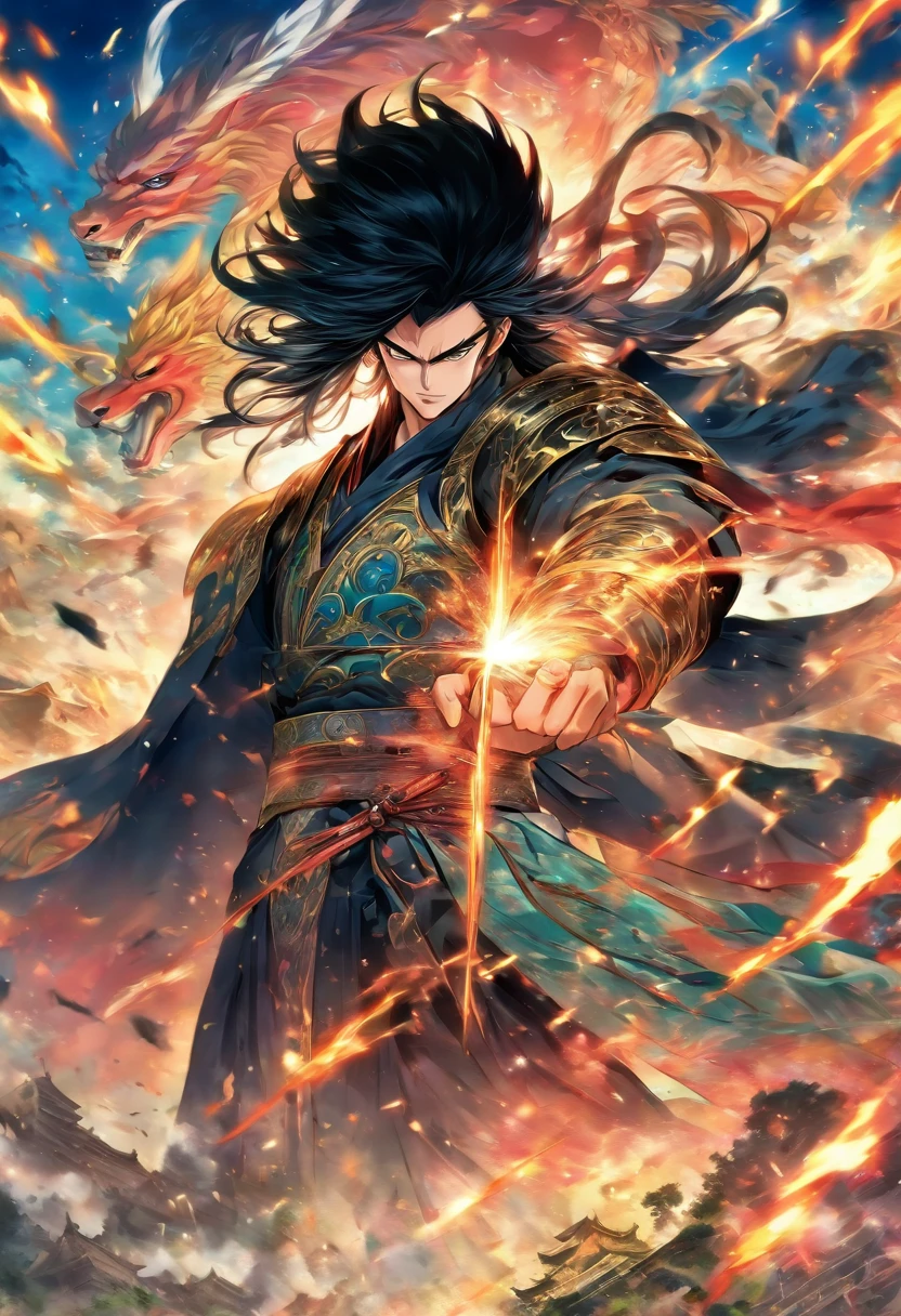 male general, long black hair, black eyes, pale skin, handsome, standing on the meadows, cutting off each head he sees, ancient chinese war, anime manga style