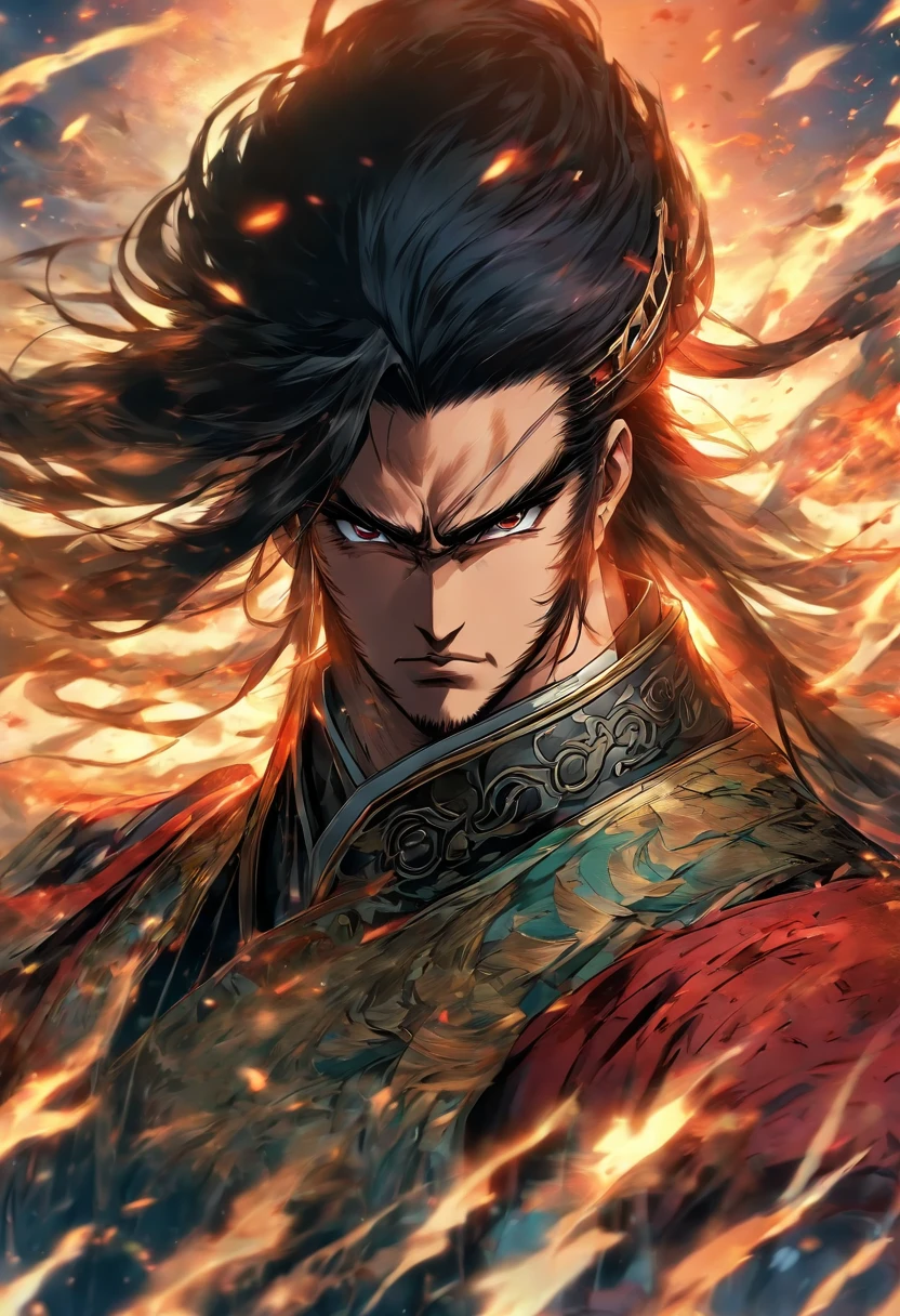 male general, long black hair, black eyes, pale skin, handsome, standing on the meadows, cutting off each head he sees, ancient chinese war, anime manga style