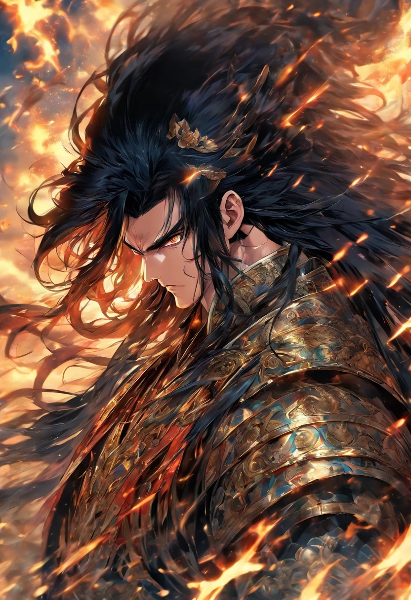 male general, long black hair, black eyes, pale skin, handsome, standing on the meadows, cutting off each head he sees, ancient chinese war, anime manga style