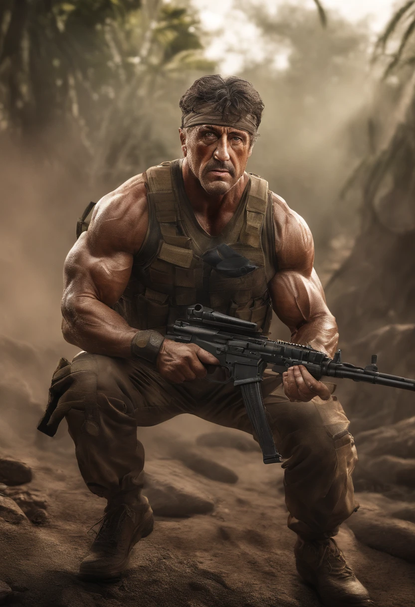 (best quality,4k,8k,highres,masterpiece:1.2),ultra-detailed,(realistic,photorealistic,photo-realistic:1.37),Sylvester Stallone,Rambo,action hero,muscular body,ripped muscles,confident expression,strong jawline,intense gaze,fierce determination,signature headband,battle-worn camouflage clothing,commando knife,bandolier,assault rifle,explosions in the background,dense jungle setting,sweat glistening on the skin,muddy terrain,stealthy approach,color grading with earthy tones,dynamic lighting creating dramatic shadows,gritty details,high contrast,adrenaline-filled atmosphere,blurred background emphasizing motion,iconic pose,strong highlights,deep shadows,man versus nature,rough textures,explosive action sequence,wide-angle perspective,cinematic feel,heroic proportions,imposing presence,unrelenting warrior,Sylvester Stallone as the ultimate action legend
