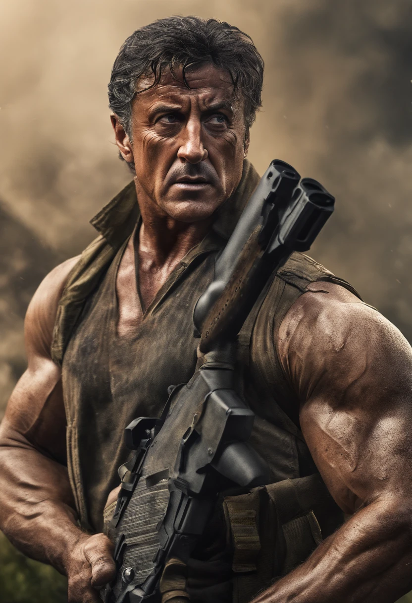 (best quality,4k,8k,highres,masterpiece:1.2),ultra-detailed,(realistic,photorealistic,photo-realistic:1.37),Sylvester Stallone,Rambo,action hero,muscular body,ripped muscles,confident expression,strong jawline,intense gaze,fierce determination,signature headband,battle-worn camouflage clothing,commando knife,bandolier,assault rifle,explosions in the background,dense jungle setting,sweat glistening on the skin,muddy terrain,stealthy approach,color grading with earthy tones,dynamic lighting creating dramatic shadows,gritty details,high contrast,adrenaline-filled atmosphere,blurred background emphasizing motion,iconic pose,strong highlights,deep shadows,man versus nature,rough textures,explosive action sequence,wide-angle perspective,cinematic feel,heroic proportions,imposing presence,unrelenting warrior,Sylvester Stallone as the ultimate action legend