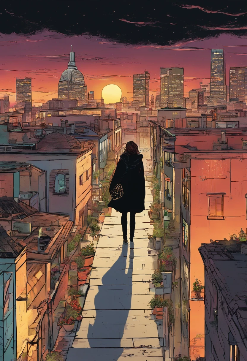 A rooftop scene with Lily chasing a mysterious figure dressed in black. The city lights and rain create a dynamic and high-stakes atmosphere.