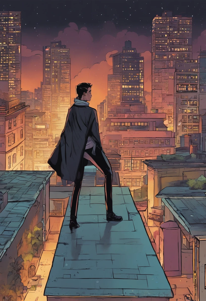 A rooftop scene with Lily chasing a mysterious figure dressed in black. The city lights and rain create a dynamic and high-stakes atmosphere.