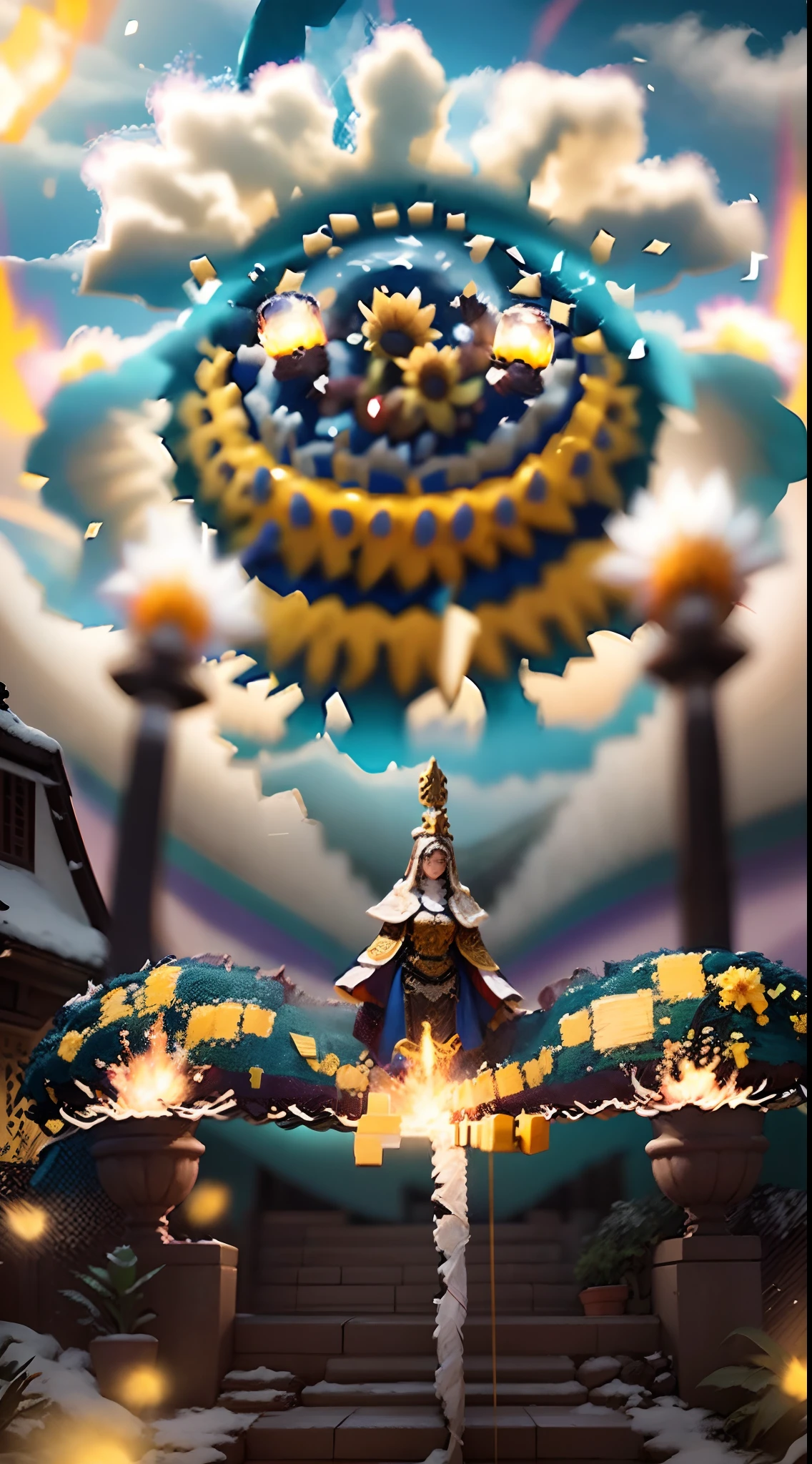 In a very grand scene,The extra-large wide-angle lens captures the appearance of a female centaur。She is a Sunflower Worship nun,Always opposed(A knitted sunflower puppet 9.9)DOA。She is tall,It has the ultimate curvy beauty,The muscles are slender and firm,Beautiful lines。She has(Super huge sky blue eyes:99.99)、always(Wearing sexy glasses:6.66)、(She wears solemn nun attire:9.9)、Stepping on a boot-style skyscraper-heel、A pink cross hangs on his chest。Use Midjourney's advanced tools,Designed for female centaurs(一个针织太阳花布偶并在花盘中心创造一张超级治愈的emoji😊笑脸:99.99),and noble and solemn nun costumes,and highlight her unique physiological characteristics and appearance details,Add realism。And in the context of her prayers and listening to confessions,Spectacular views of nature,Such as the sky where storms and sunny days alternate、Brilliant rivers of stars and auroras、The snow-capped summit of Mount Everest、Fireworks in the mountain town, etc。ao mesmo tempo,Away from the hustle and bustle next to the chapel,Create a fantastic scene。Use Midjourney's advanced tools and multiple color palettes、Brush Strokes、Texture tools and model packages,It shows a sense of atmosphere where beauty and charm coexist。The charm of the female centaur is highlighted through color and lines,Enhance realism with detailing,Create a surreal dreamy feeling。Additionally,Use Midjourney's tools to add various exorcism props and books to the female centaur、pergaminhos,Create intricate hairstyles and outfits,Give her a sense of premium。She never flinches,No matter what monster you encounter,can respond quickly,Even the most extreme armies of natural disasters and monsters could not stop her and her front(Sunflower with Tyndall effect that emits sunlight9.99)。Use Midjourney's powerful tools,You can do it with incredible detail and beauty,Bring this ultra-grand and beautiful scene to life。Ultra-grand scenes,super wide shot, hdr,(真实感,Masterpiece quality,best qualtiy),