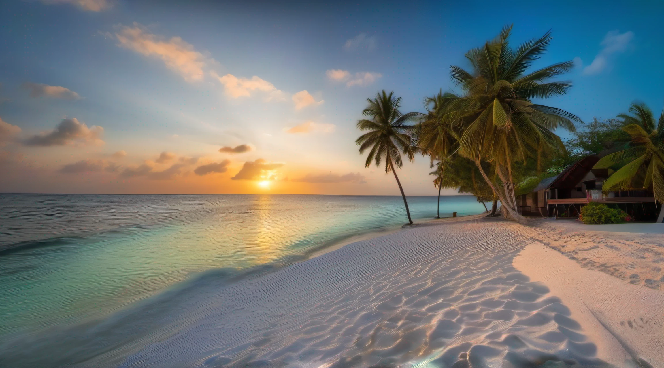 (masterpiece, best quality:1.4),( absurdres, high resolution, ultra detailed:1.2), Photo of a beautiful sunrise out of the sea in Addu City, Maldives, clear turquoise water, White sand beach, coconut trees, (sunrise background), photo realistic, intricate detail, HDR, fantasy art, beautiful, radiant, colorful, serene, hyperdetailed, iridescent, vapor, ethereal, vibrant