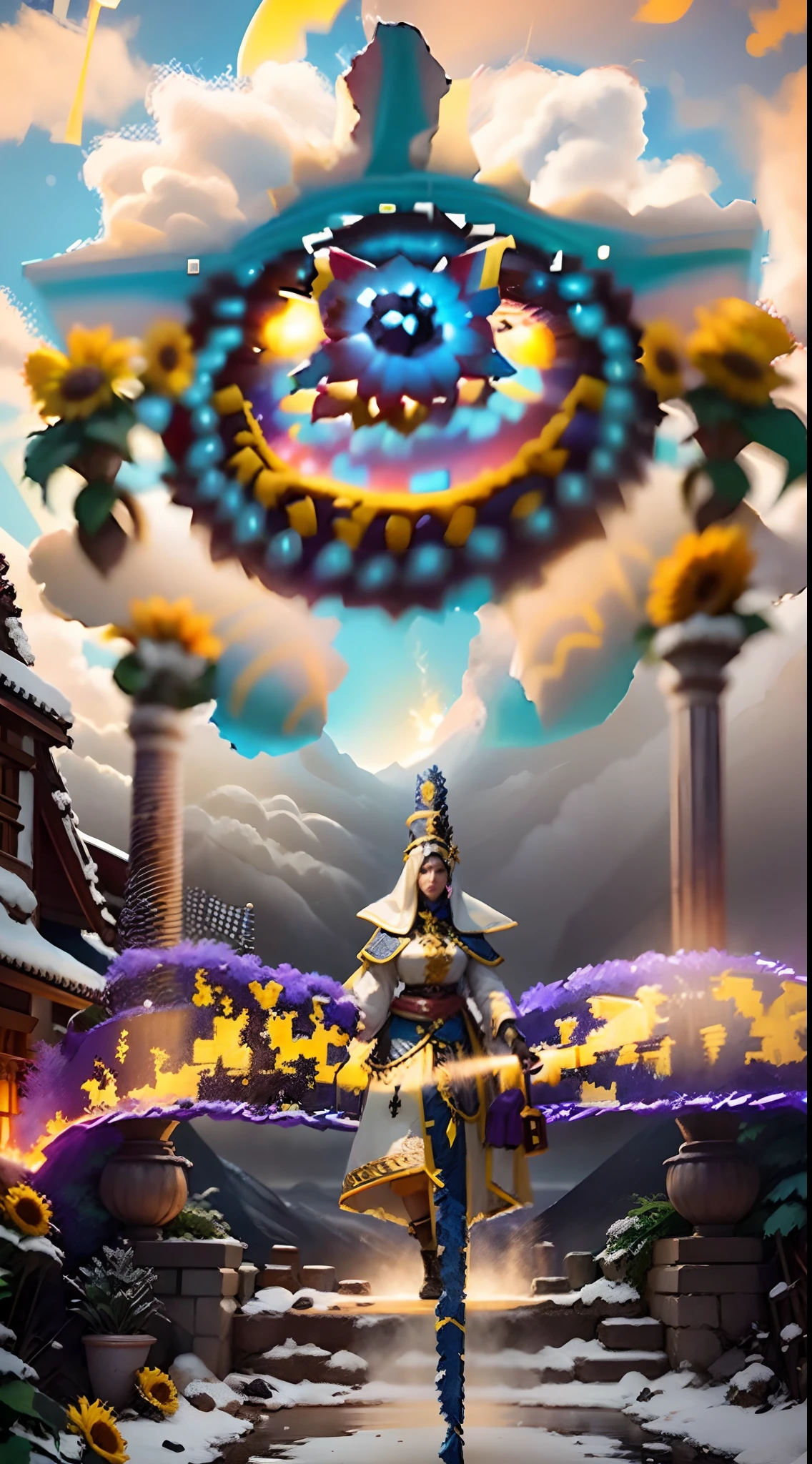 In a very grand scene,The extra-large wide-angle lens captures the appearance of a female centaur。She is a Sunflower Worship nun,Always opposed(A knitted sunflower puppet 9.9)DOA。She is tall,It has the ultimate curvy beauty,The muscles are slender and firm,Beautiful lines。She has(Super huge sky blue eyes:99.99)、always(Wearing sexy glasses:6.66)、(She wears solemn nun attire:9.9)、Stepping on a boot-style skyscraper-heel、A pink cross hangs on his chest。Use Midjourney's advanced tools,Designed for female centaurs(一个针织太阳花布偶并在花盘中心创造一张超级治愈的emoji😊笑脸:99.99),and noble and solemn nun costumes,and highlight her unique physiological characteristics and appearance details,Add realism。And in the context of her prayers and listening to confessions,Spectacular views of nature,Such as the sky where storms and sunny days alternate、Brilliant rivers of stars and auroras、The snow-capped summit of Mount Everest、Fireworks in the mountain town, etc。ao mesmo tempo,Away from the hustle and bustle next to the chapel,Create a fantastic scene。Use Midjourney's advanced tools and multiple color palettes、Brush Strokes、Texture tools and model packages,It shows a sense of atmosphere where beauty and charm coexist。The charm of the female centaur is highlighted through color and lines,Enhance realism with detailing,Create a surreal dreamy feeling。Additionally,Use Midjourney's tools to add various exorcism props and books to the female centaur、pergaminhos,Create intricate hairstyles and outfits,Give her a sense of premium。She never flinches,No matter what monster you encounter,can respond quickly,Even the most extreme armies of natural disasters and monsters could not stop her and her front(Sunflower with Tyndall effect that emits sunlight9.99)。Use Midjourney's powerful tools,You can do it with incredible detail and beauty,Bring this ultra-grand and beautiful scene to life。Ultra-grand scenes,super wide shot, hdr,(真实感,Masterpiece quality,best qualtiy),
