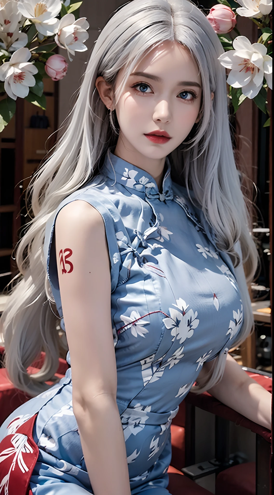 photorealistic, high resolution, soft lights, 1women, solo, hips up, blue eyes, white hair, long hair, blue eyes, red lips, jewelry, cheongsam, tattoo, cherry blossom