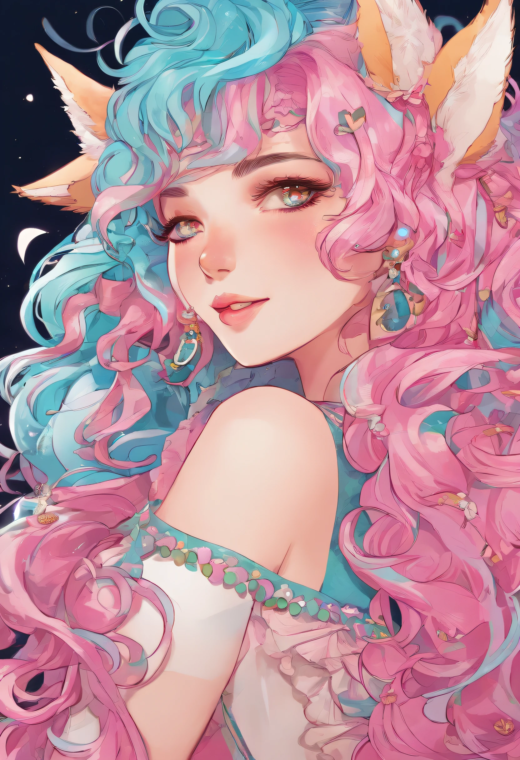 Pink hair, Curly hair, kitsune mask, Heart-shaped pupils, aqua eyes, Earrings, Seductive smile, Pointillism, Pop art, Depth of field, Cinematic lighting, back lit lighting, character sheets, From above, Eye level shots, hyper HD, Masterpiece, Textured skin, Super detail, High details