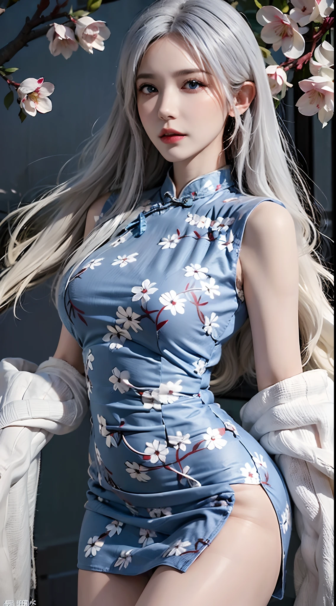 photorealistic, high resolution, soft lights, 1women, solo, hips up, blue eyes, white hair, long hair, blue eyes, red lips, jewelry, cheongsam, tattoo, cherry blossom